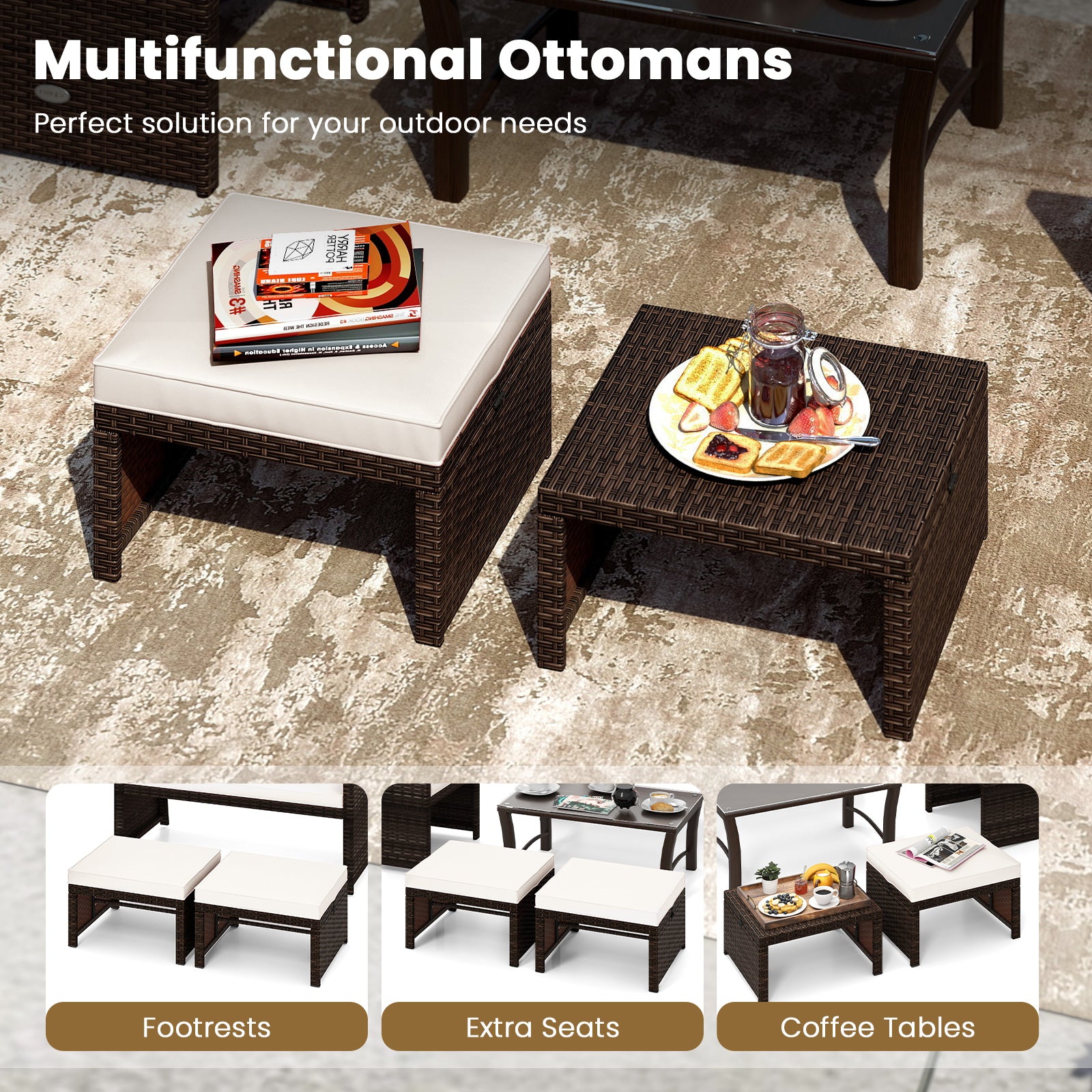 Outdoor Patio PE Rattan Ottoman Footstool, 2 Pieces, White Outdoor Seating & Patio Chairs at Gallery Canada