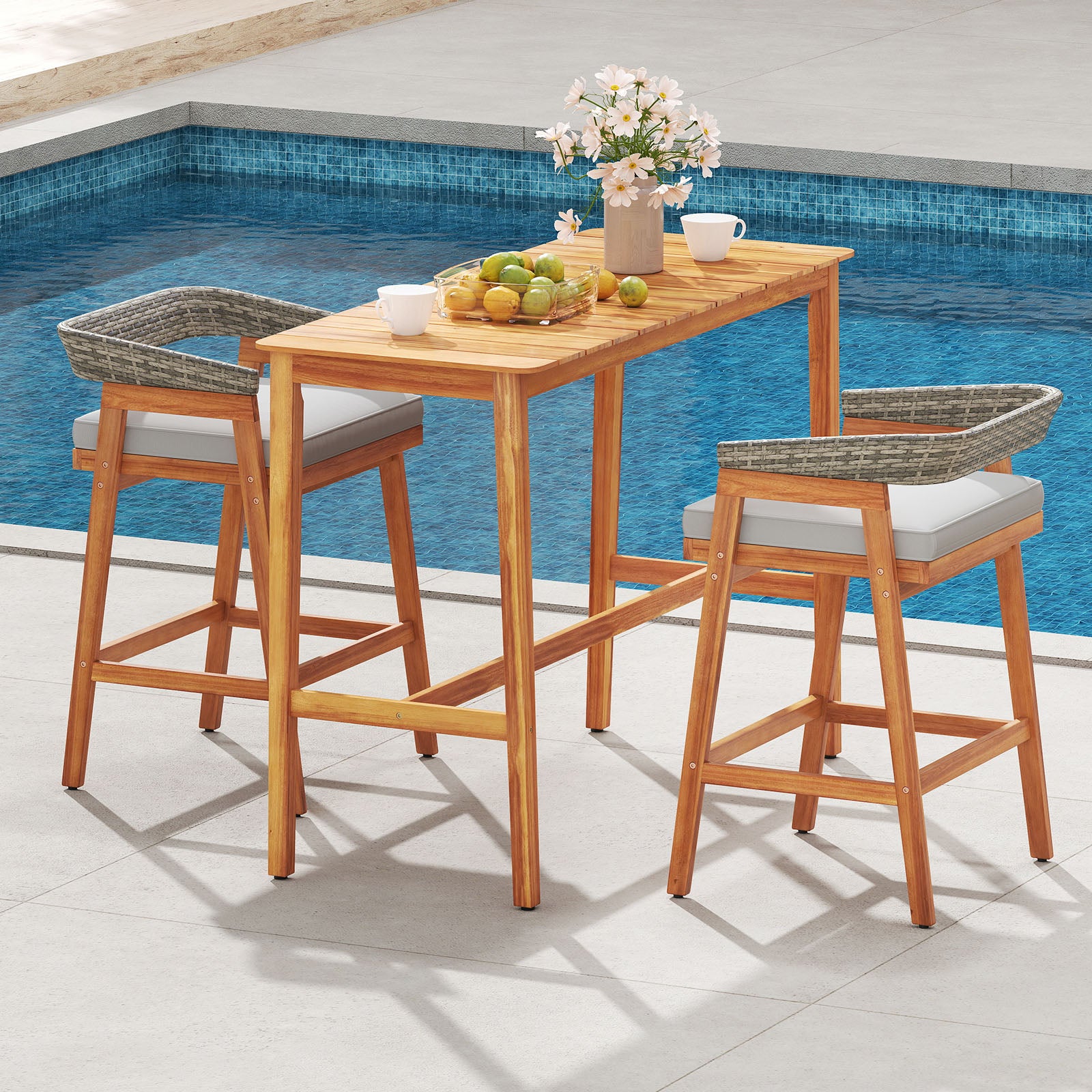 Acacia Wood Counter Height Table, Slatted Tabletop, Footrest Crossbar Patio Bar Furniture at Gallery Canada