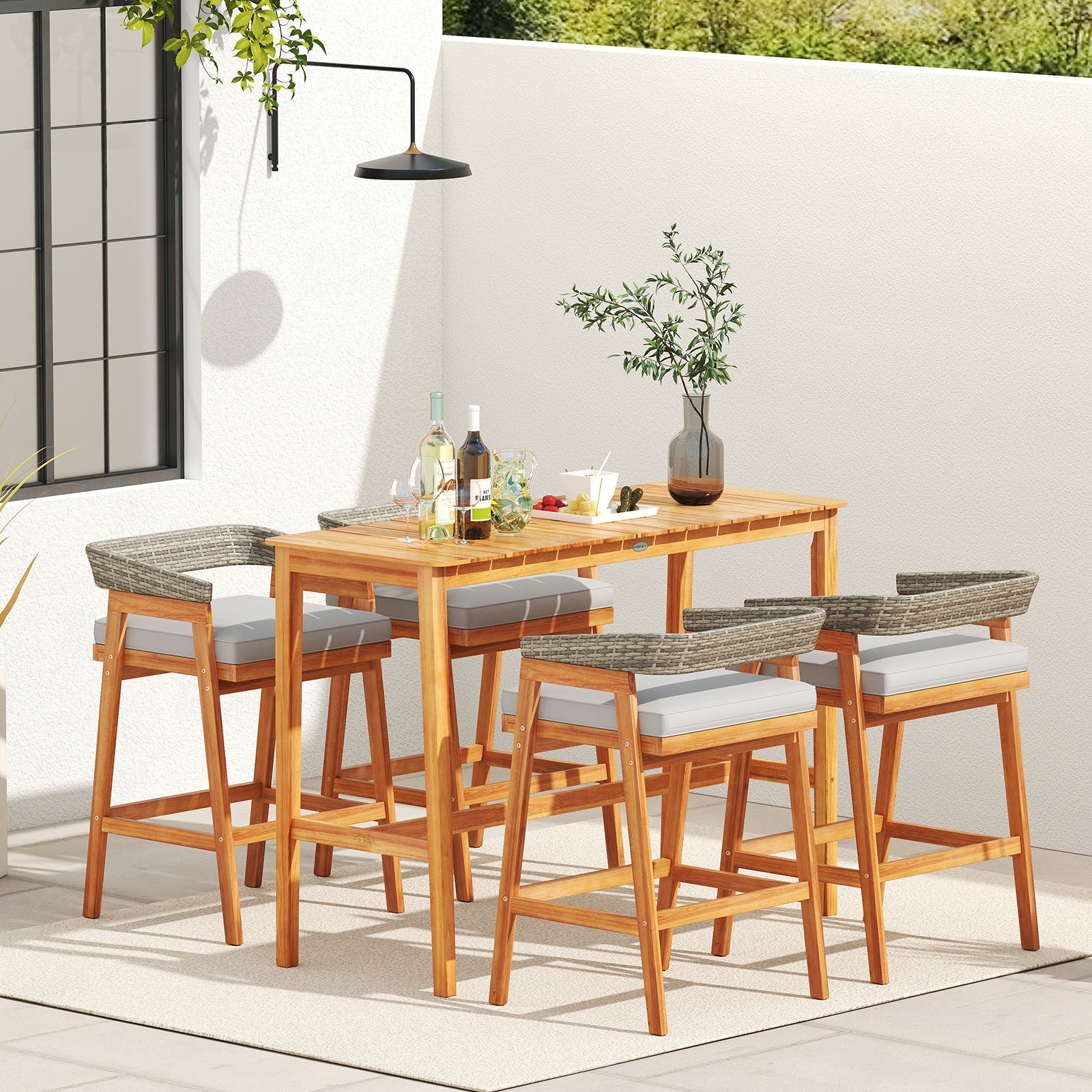 Acacia Wood Counter Height Table, Slatted Tabletop, Footrest Crossbar Patio Bar Furniture at Gallery Canada