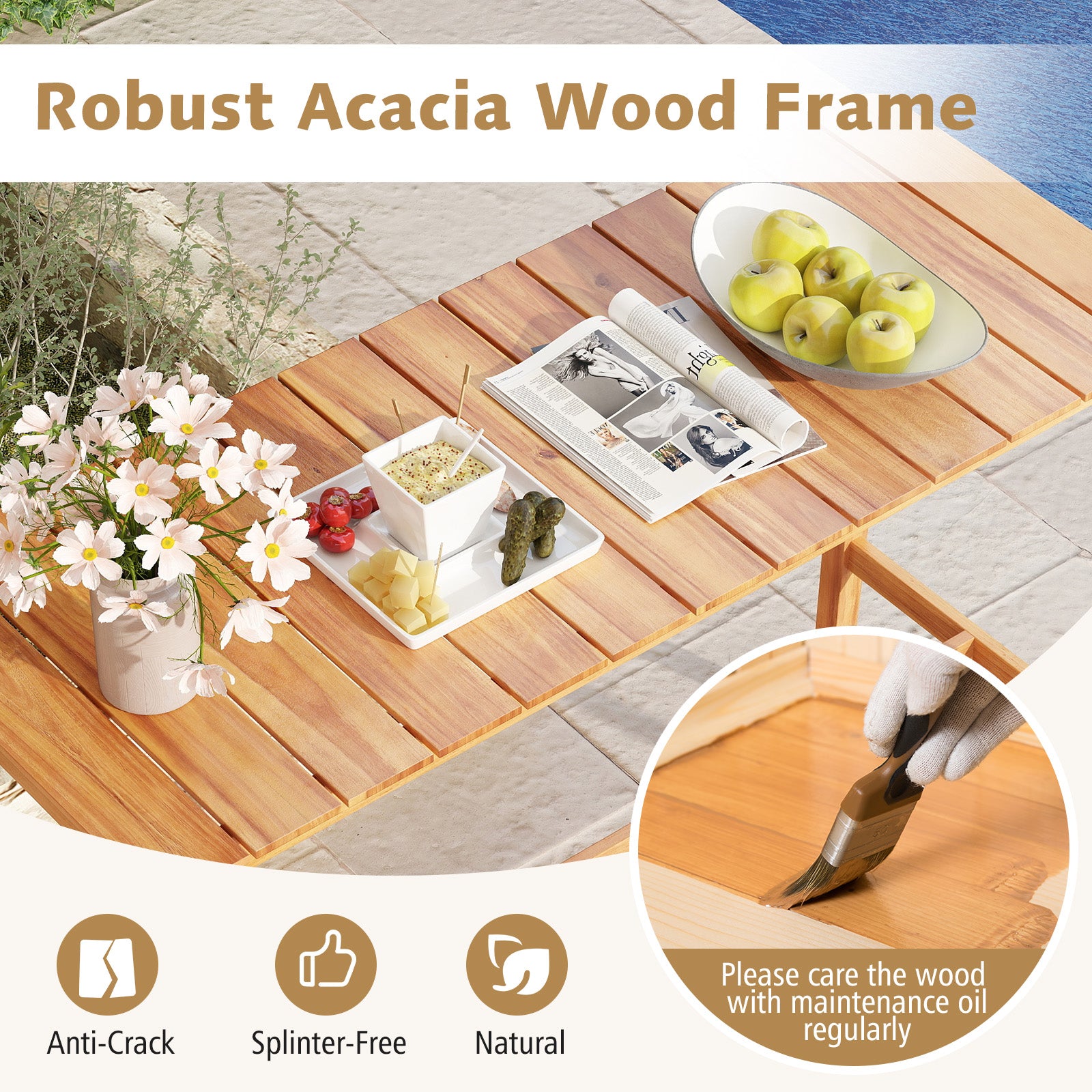 Acacia Wood Counter Height Table, Slatted Tabletop, Footrest Crossbar Patio Bar Furniture at Gallery Canada