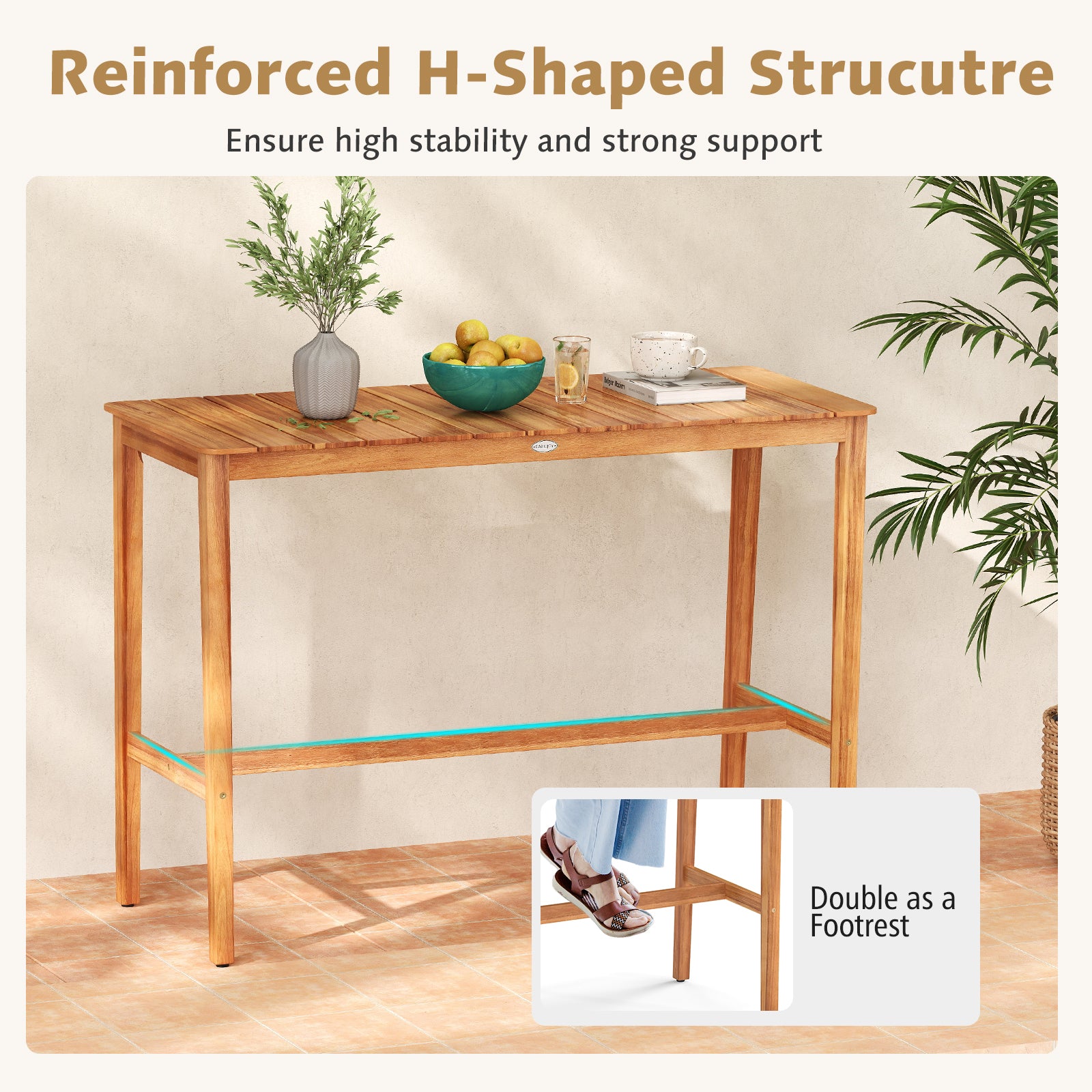 Acacia Wood Counter Height Table, Slatted Tabletop, Footrest Crossbar Patio Bar Furniture at Gallery Canada