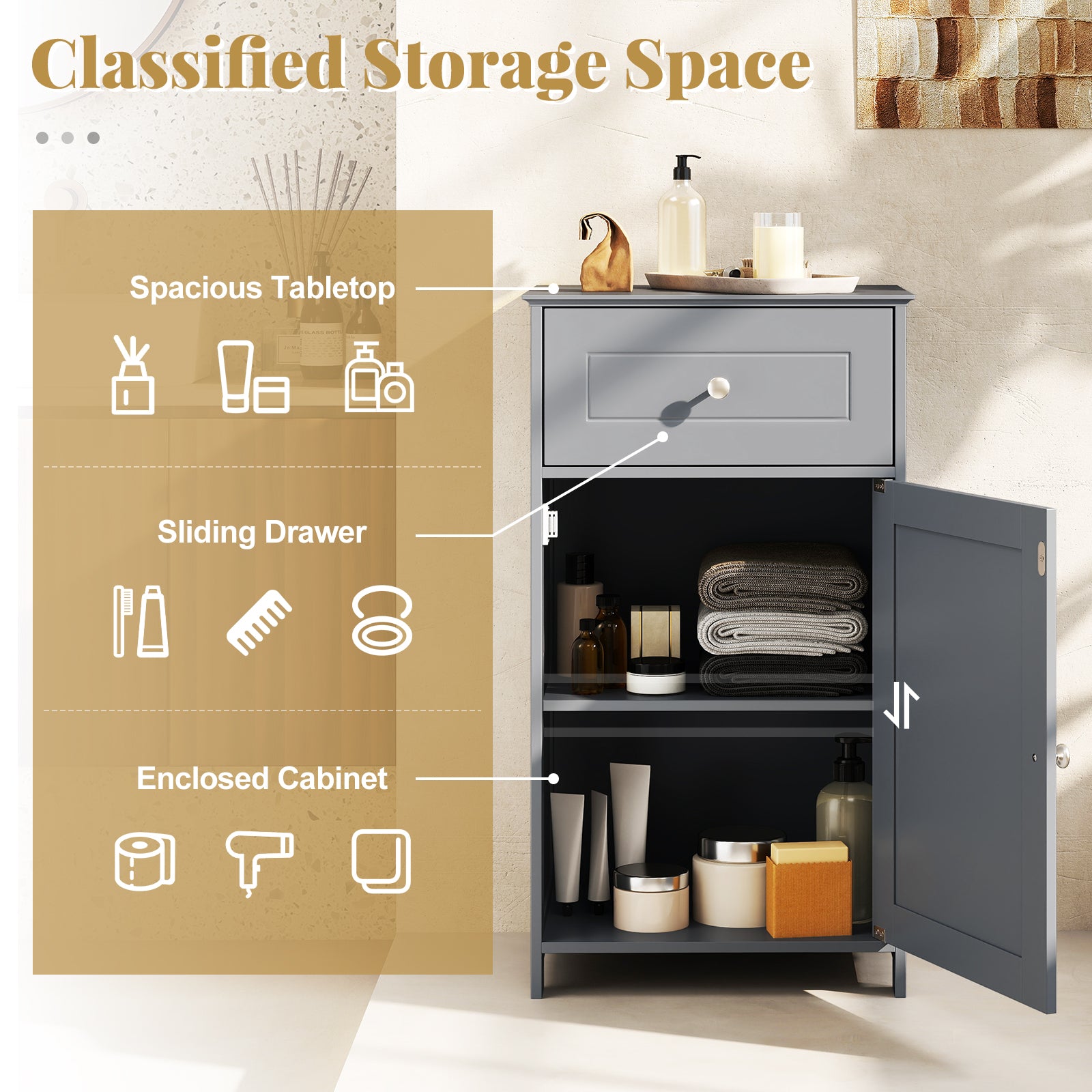 Single Door Bathroom Cabinet, Adjustable Shelf And Drawer, Gray Floor Cabinets at Gallery Canada