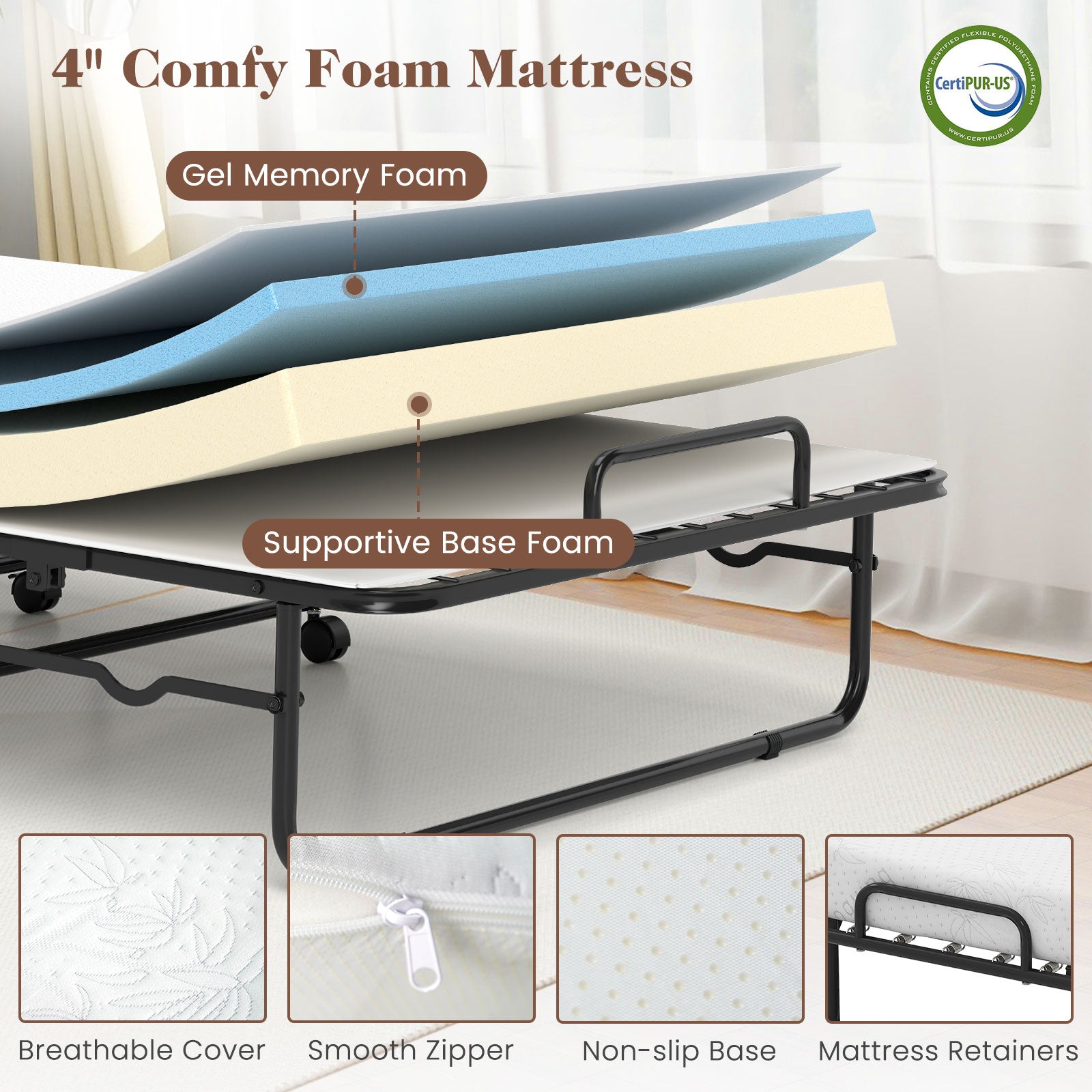 Cot Size Folding Bed Frame, Memory Foam Mattress, Metal Frame Folding Beds at Gallery Canada