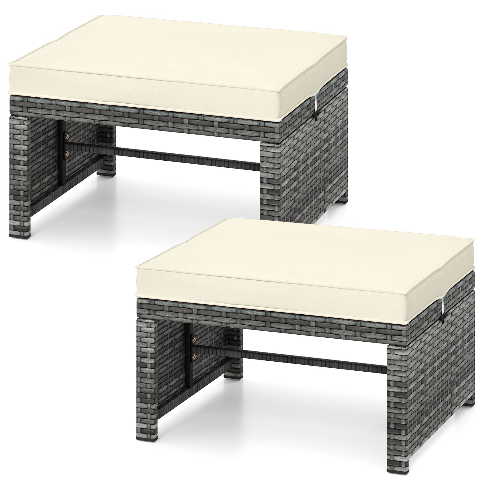 Patio PE Rattan Ottomans, 2 Pieces, Soft Zippered Cushions, White Outdoor Seating & Patio Chairs at Gallery Canada