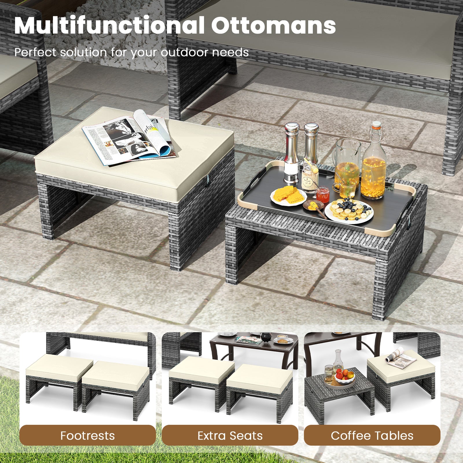 Patio PE Rattan Ottomans, 2 Pieces, Soft Zippered Cushions, White Outdoor Seating & Patio Chairs at Gallery Canada