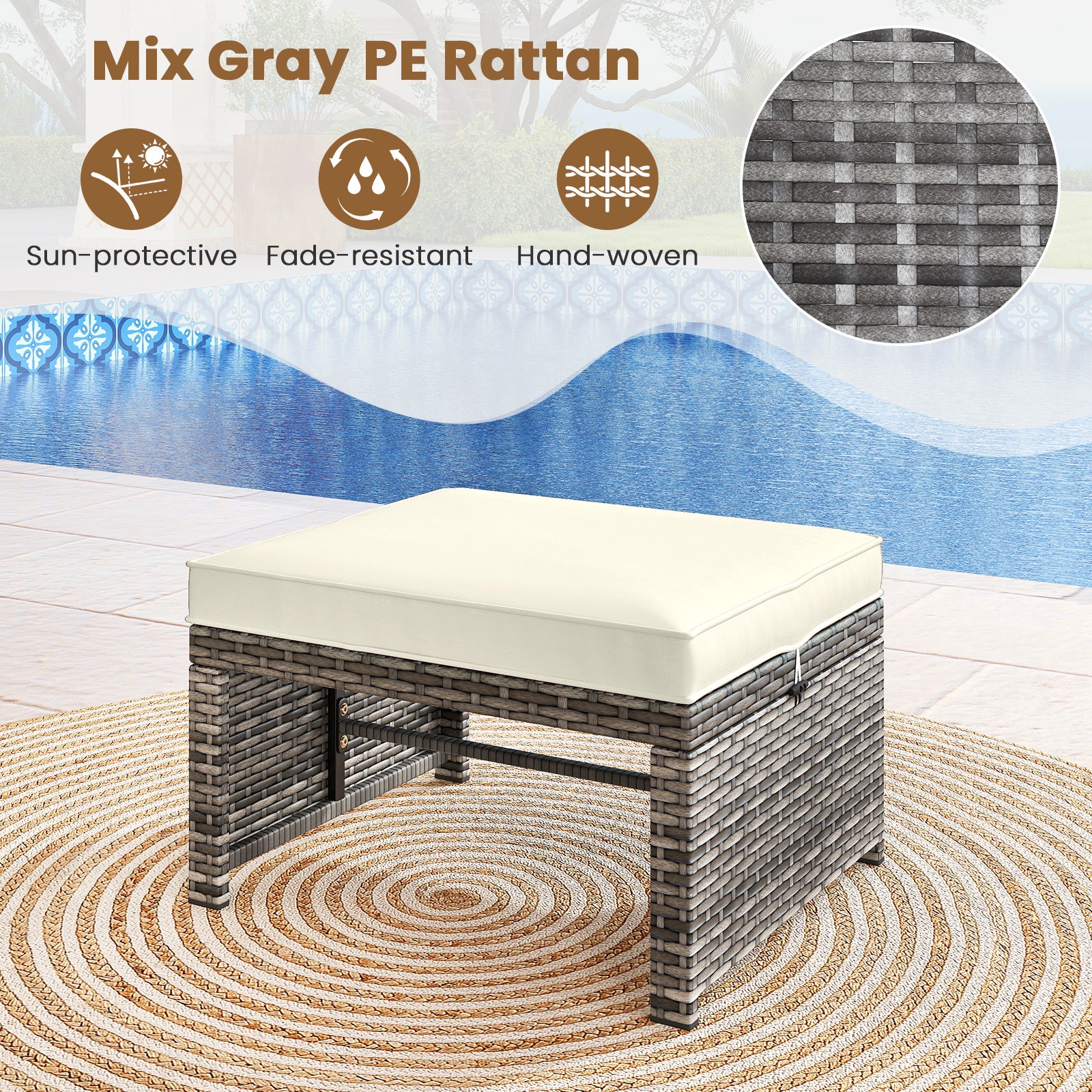 Patio PE Rattan Ottomans, 2 Pieces, Soft Zippered Cushions, White Outdoor Seating & Patio Chairs at Gallery Canada