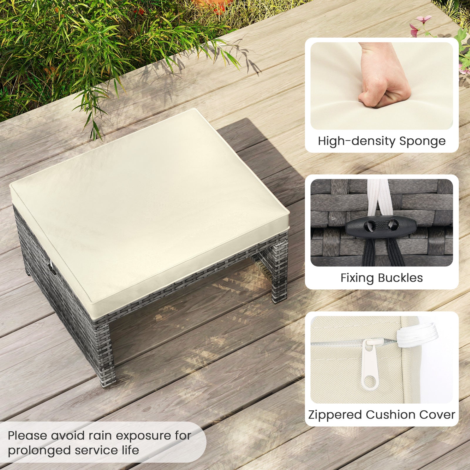 Patio PE Rattan Ottomans, 2 Pieces, Soft Zippered Cushions, White Outdoor Seating & Patio Chairs at Gallery Canada