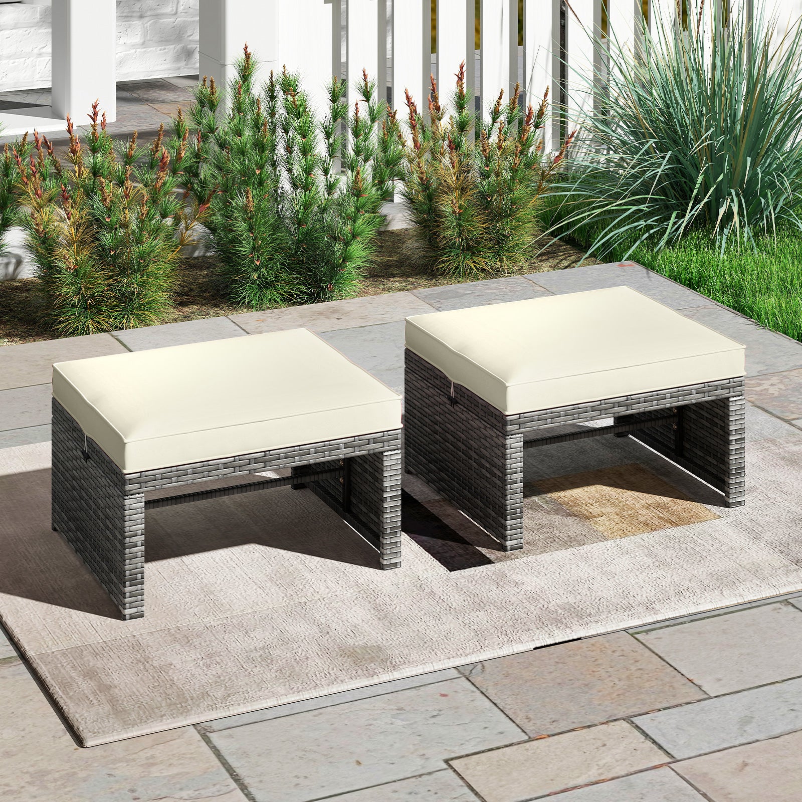 Patio PE Rattan Ottomans, 2 Pieces, Soft Zippered Cushions, White Outdoor Seating & Patio Chairs at Gallery Canada