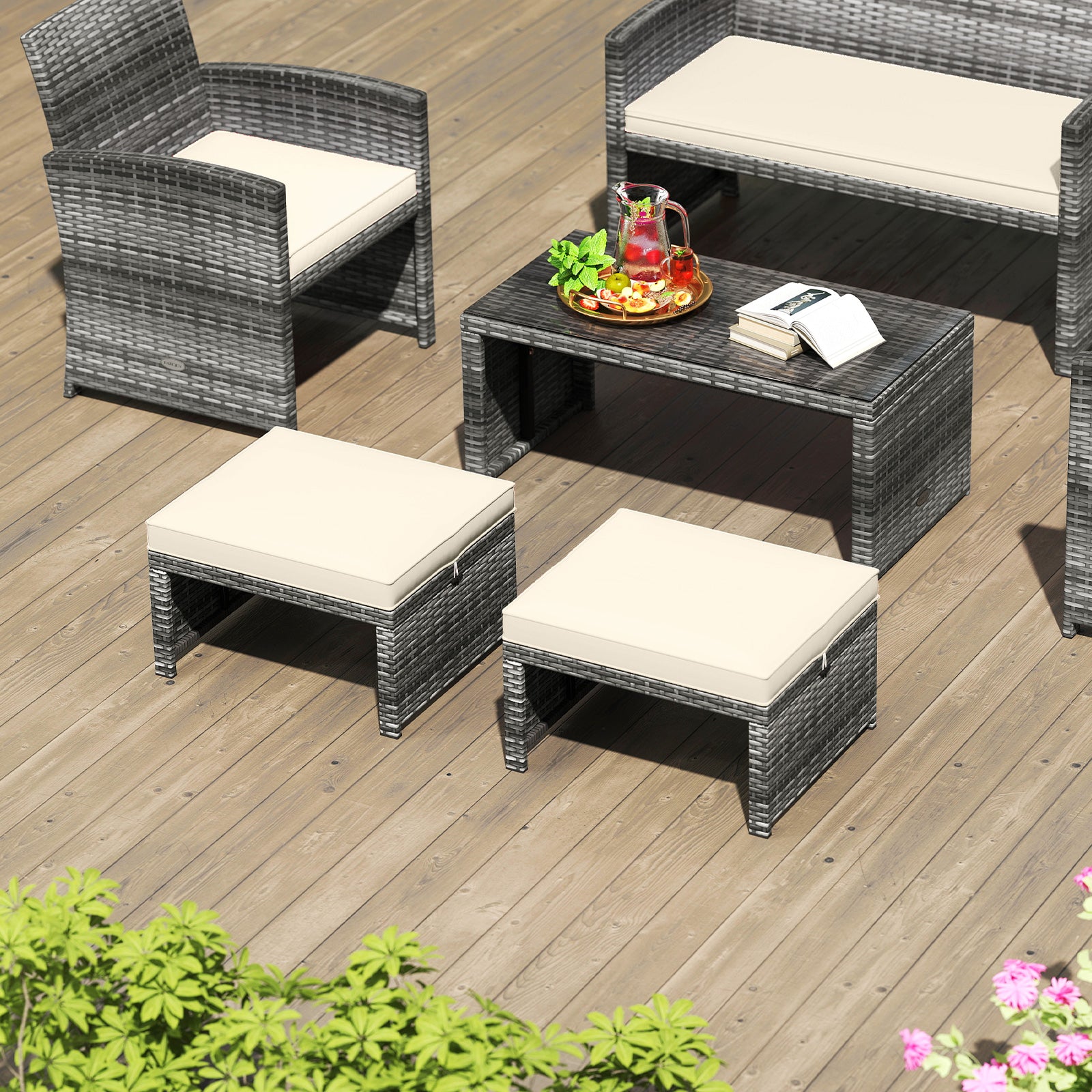 Patio PE Rattan Ottomans, 2 Pieces, Soft Zippered Cushions, White Outdoor Seating & Patio Chairs at Gallery Canada