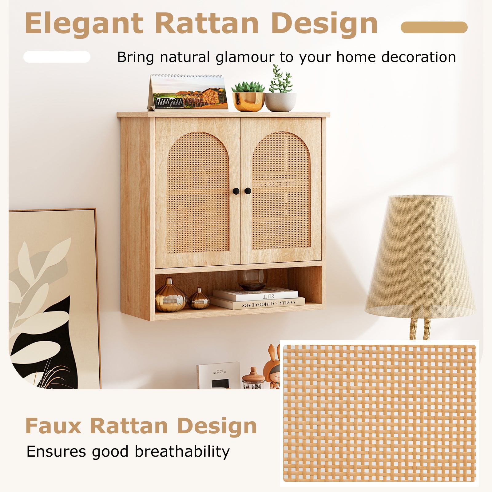 Bathroom Wall Cabinet, PE Rattan Doors, Adjustable Shelves, Natural Wall Cabinets at Gallery Canada