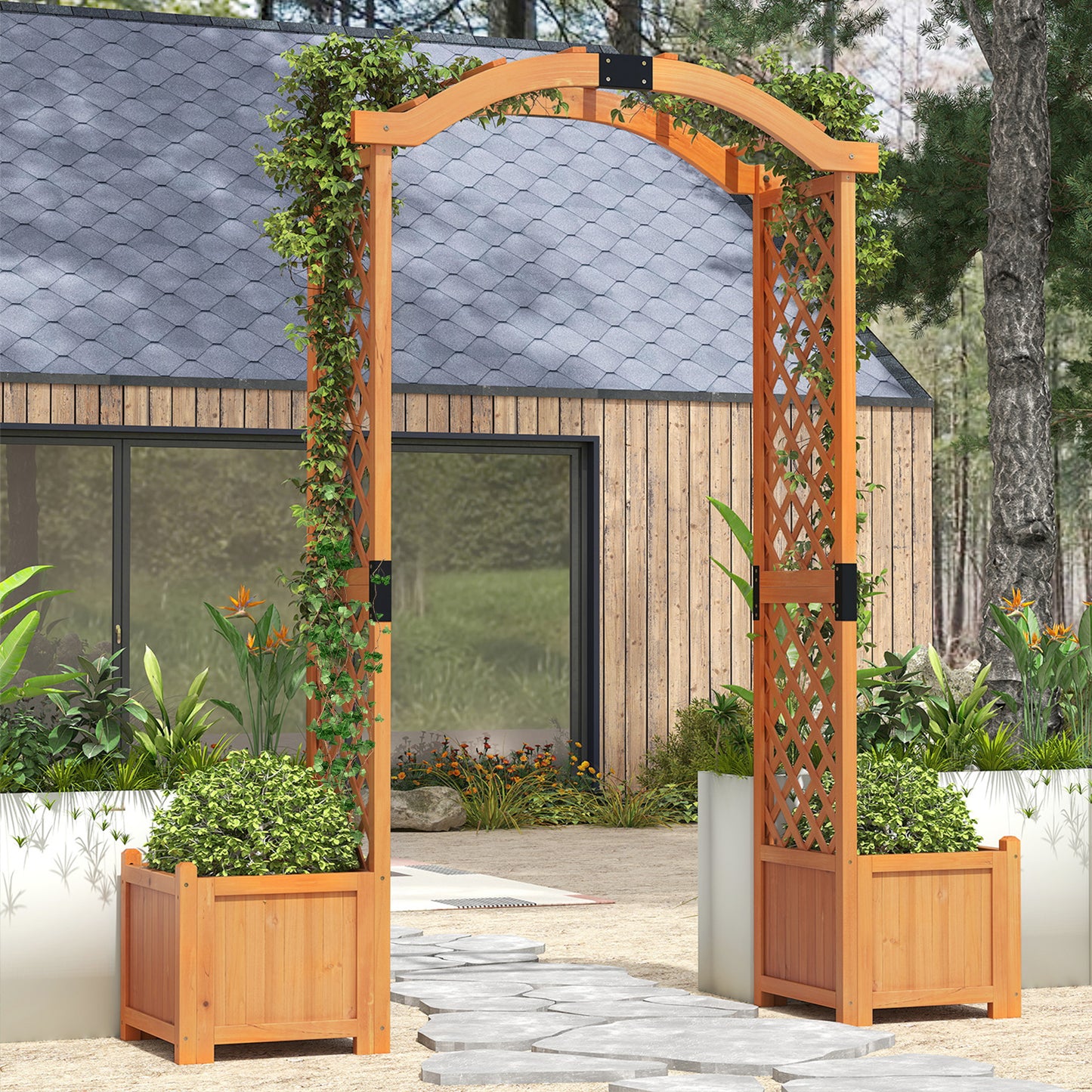 Wooden Garden Arbor With Planter And Trellis, Orange Outdoor Decor at Gallery Canada