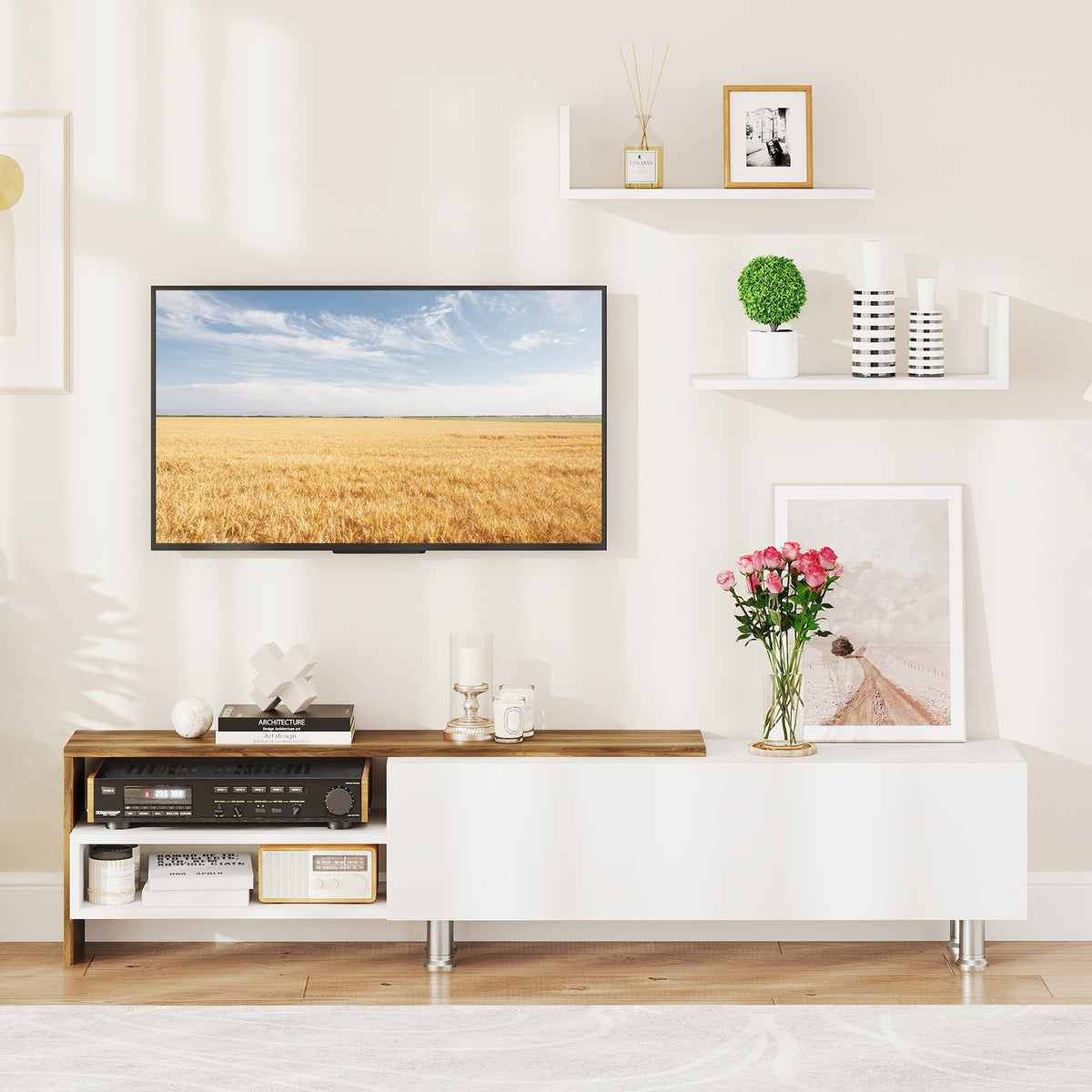 Farmhouse TV Stand, 80 Inch, Cabinet Compartments, White Entertainment Centers & TV Stands at Gallery Canada