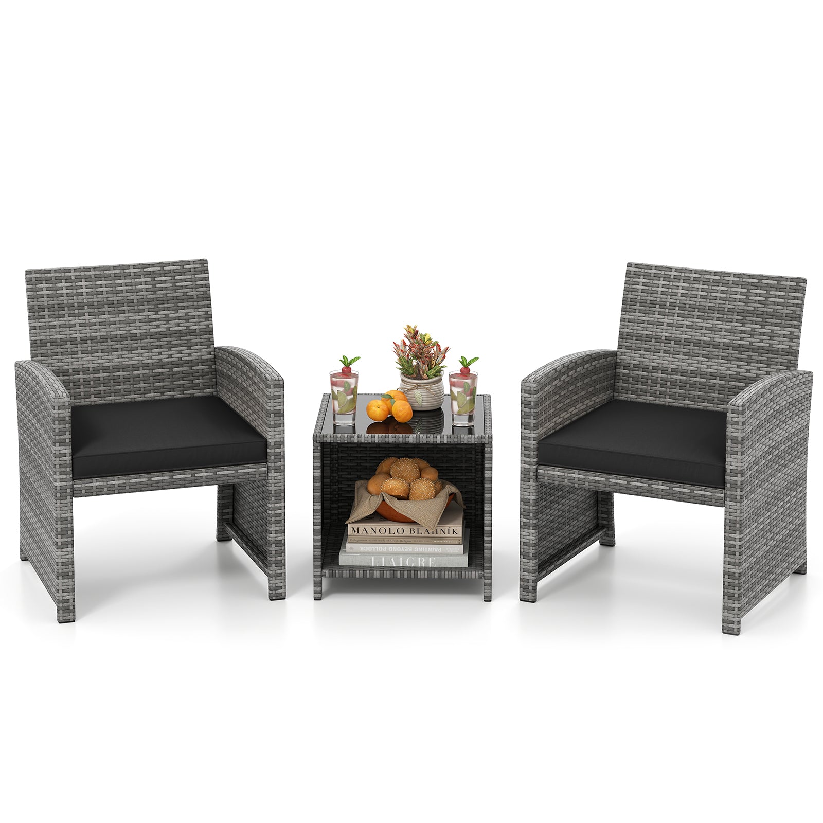3 Piece Patio Set, Tempered Glass Table, Soft Cushions, Black Patio Conversation Sets at Gallery Canada