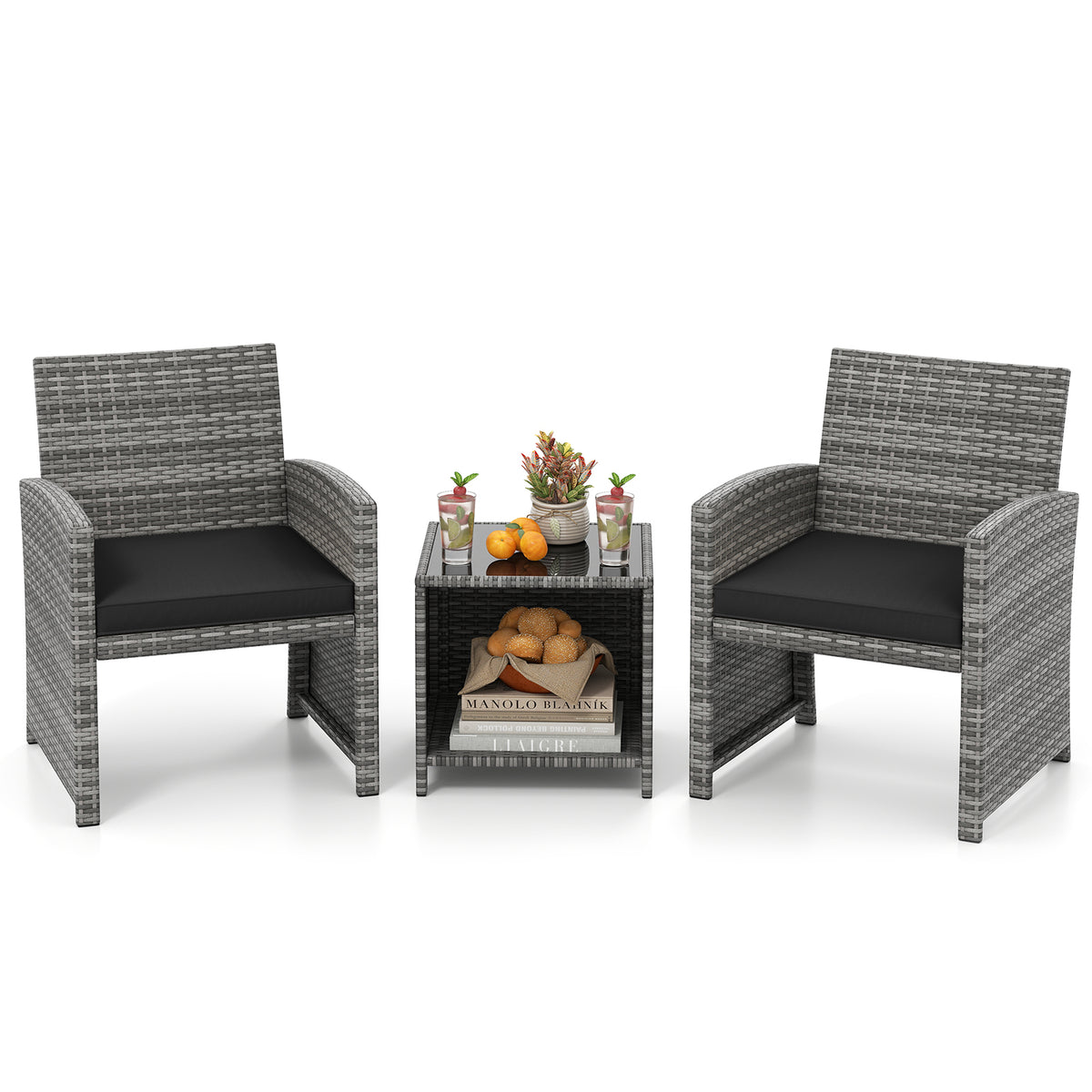 3 Piece Patio Set, Tempered Glass Table, Soft Cushions, Black Patio Conversation Sets at Gallery Canada