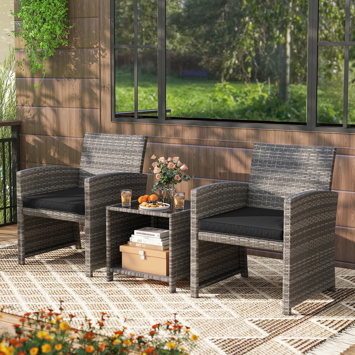 3 Piece Patio Set, Tempered Glass Table, Soft Cushions, Black Patio Conversation Sets at Gallery Canada