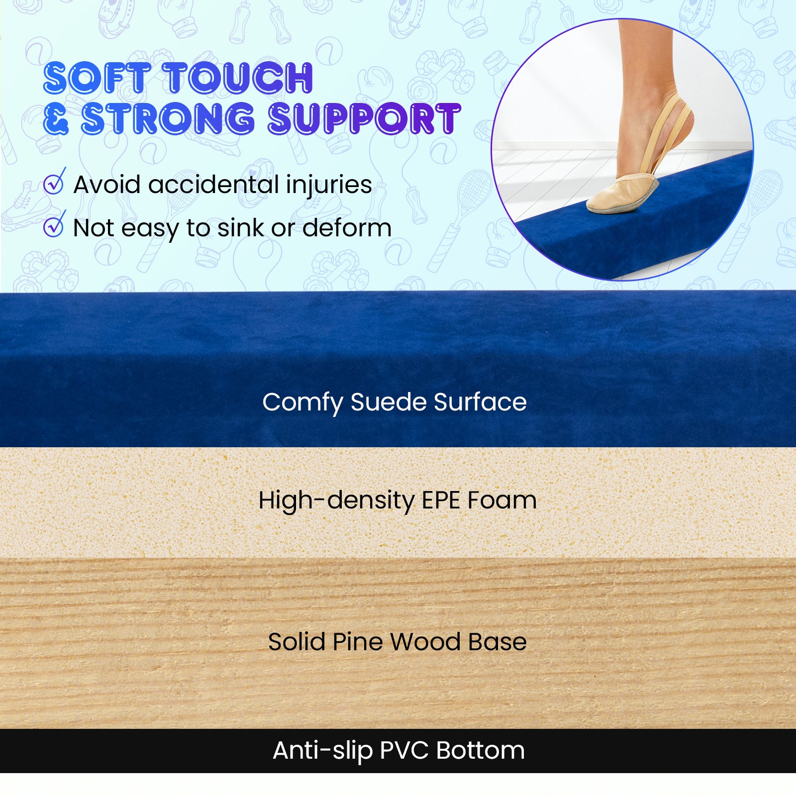 9 FT Folding Balance Beam, Anti-Slip Base, Pine Wood Frame, Blue Yoga & Gym Mats at Gallery Canada