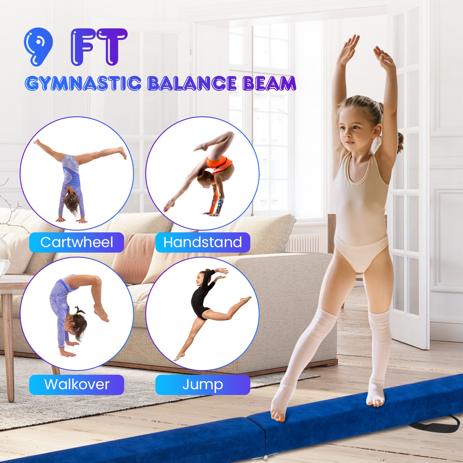 9 FT Folding Balance Beam, Anti-Slip Base, Pine Wood Frame, Blue Yoga & Gym Mats at Gallery Canada