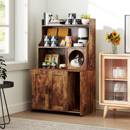 Wooden Cat Litter Box Enclosure With Storage Shelves, Brown Cat Houses at Gallery Canada