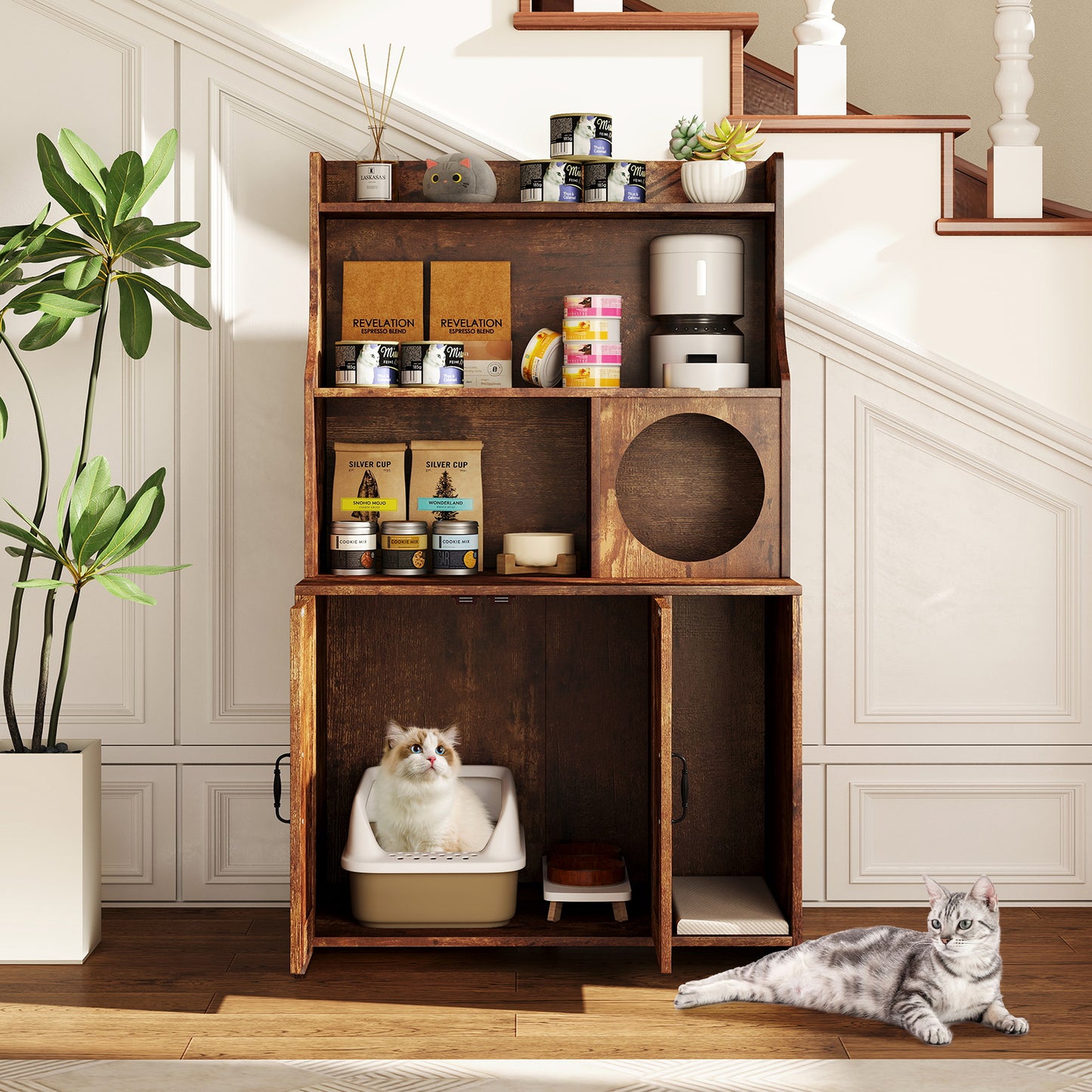 Wooden Cat Litter Box Enclosure With Storage Shelves, Brown Cat Houses at Gallery Canada