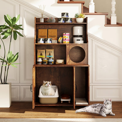 Wooden Cat Litter Box Enclosure With Storage Shelves, Brown Cat Houses at Gallery Canada