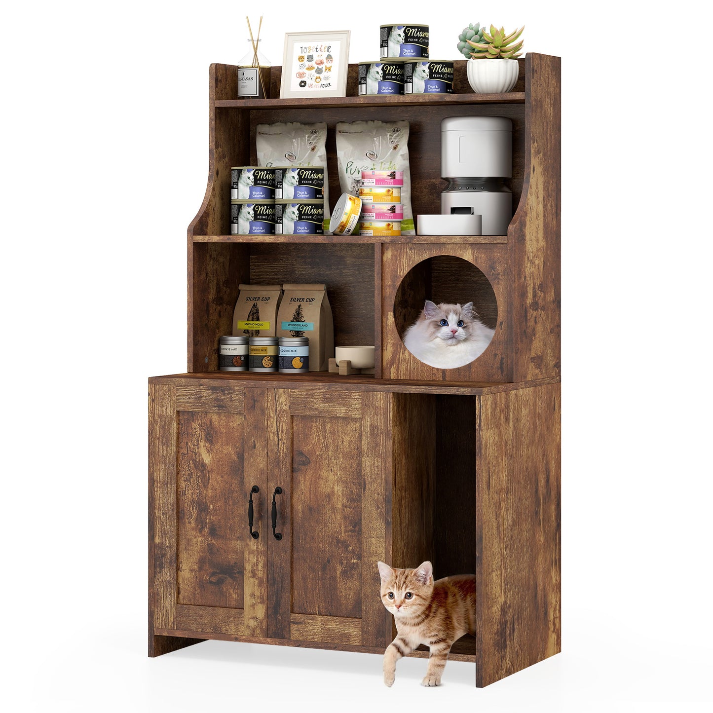 Wooden Cat Litter Box Enclosure With Storage Shelves, Brown Cat Houses at Gallery Canada