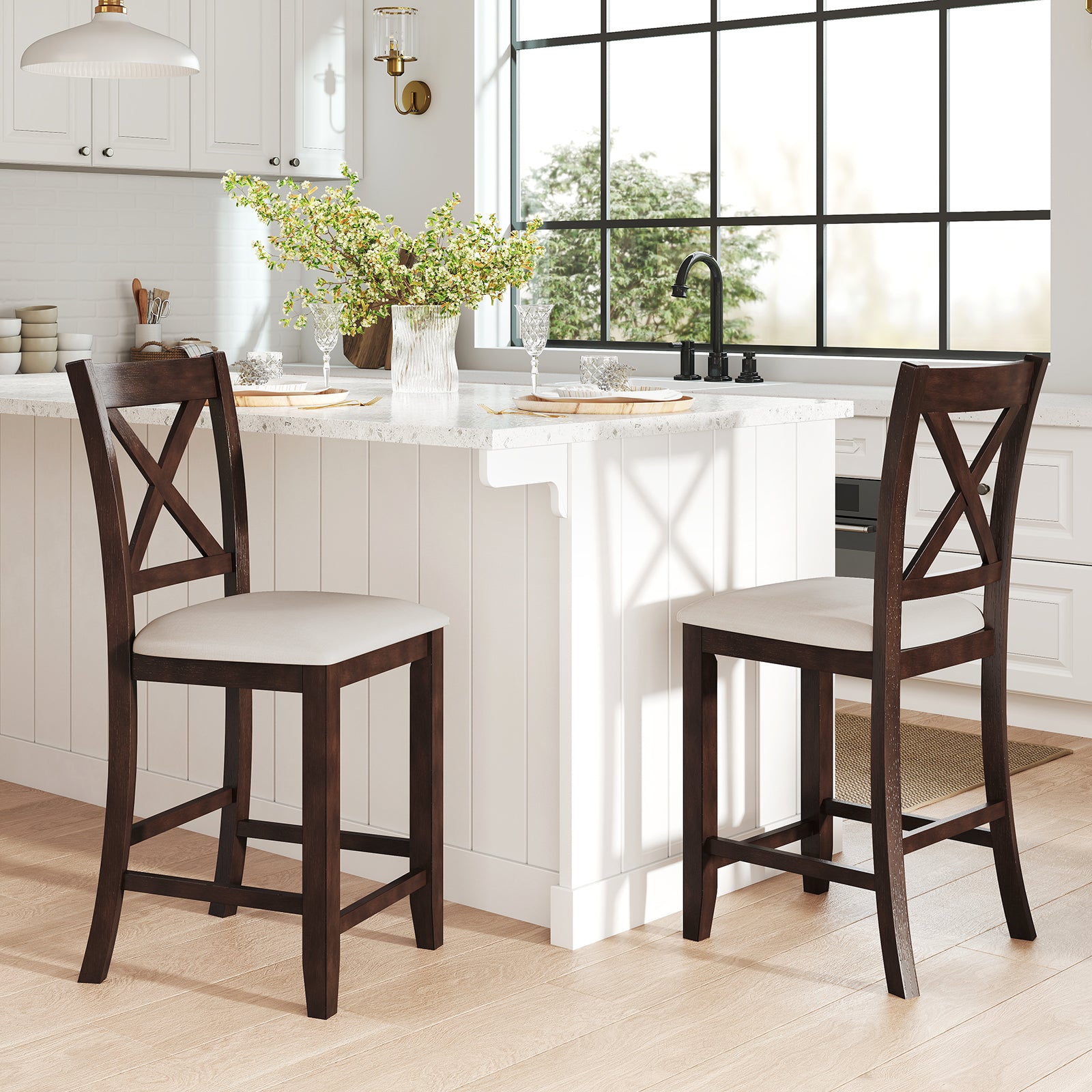 Modern Farmhouse Counter Height Stools, With Footrest And Cushion, Walnut Bar Stools at Gallery Canada