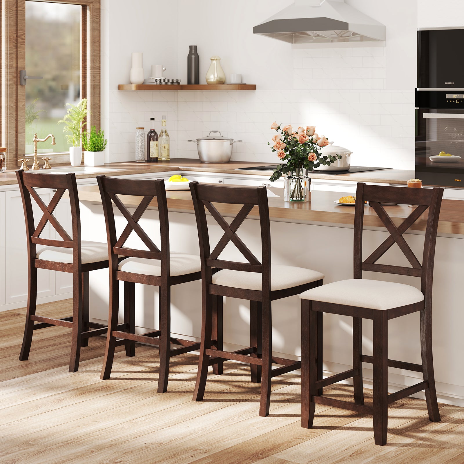 Modern Farmhouse Counter Height Stools, With Footrest And Cushion, Walnut Bar Stools at Gallery Canada
