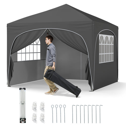 10 X 10 FT Pop Up Canopy Tent, 4 Removable Sidewalls, Gray