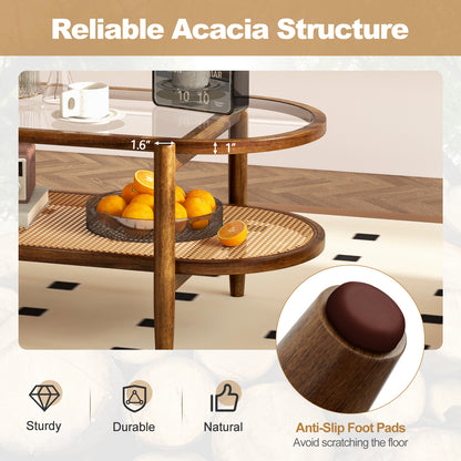 2-Tier Coffee Table Glass Top Acacia Wood Frame, Brown Coffee Tables at Gallery Canada