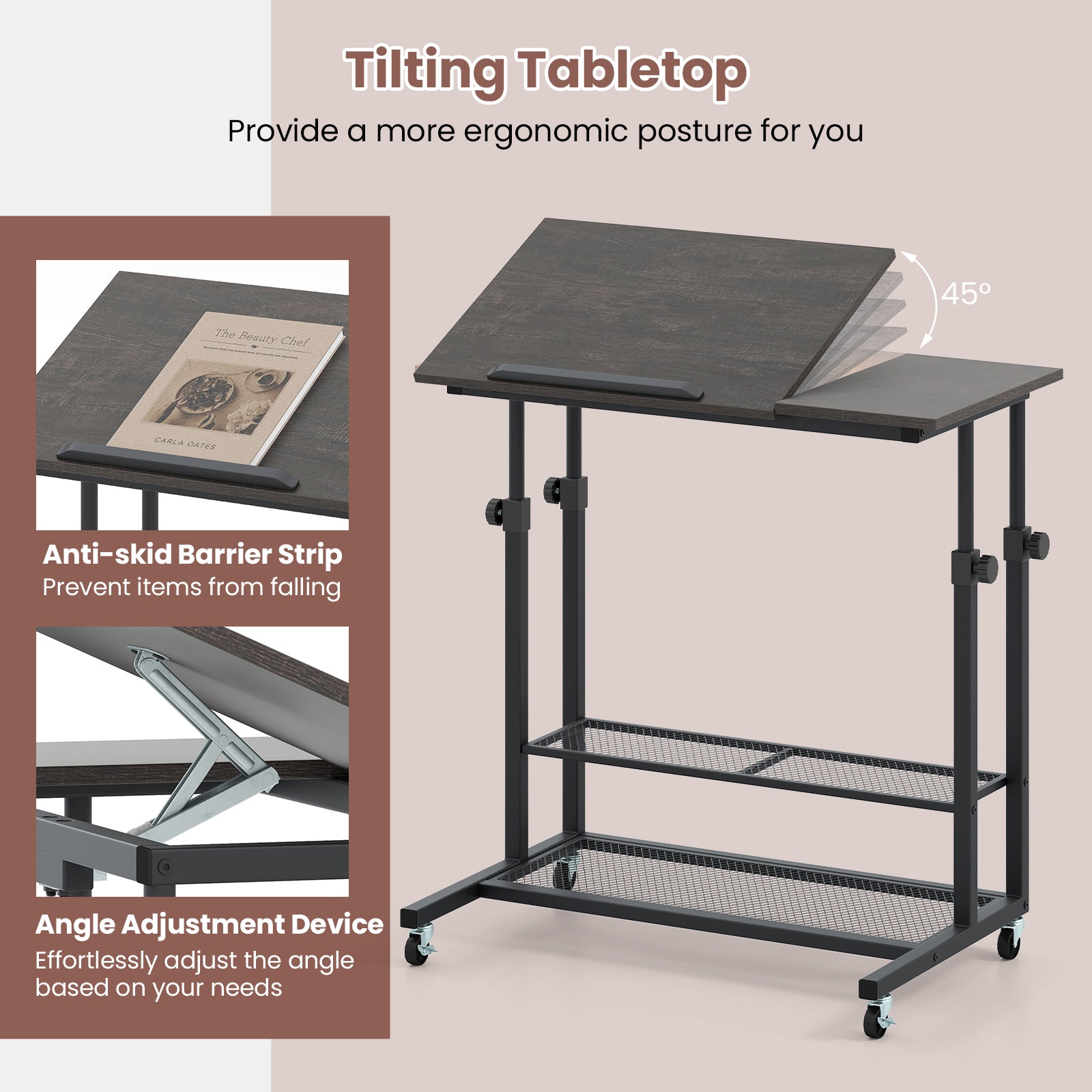 Mobile Height Adjustable Standing Desk, Tilting Tabletop, Oak Standing Desks at Gallery Canada