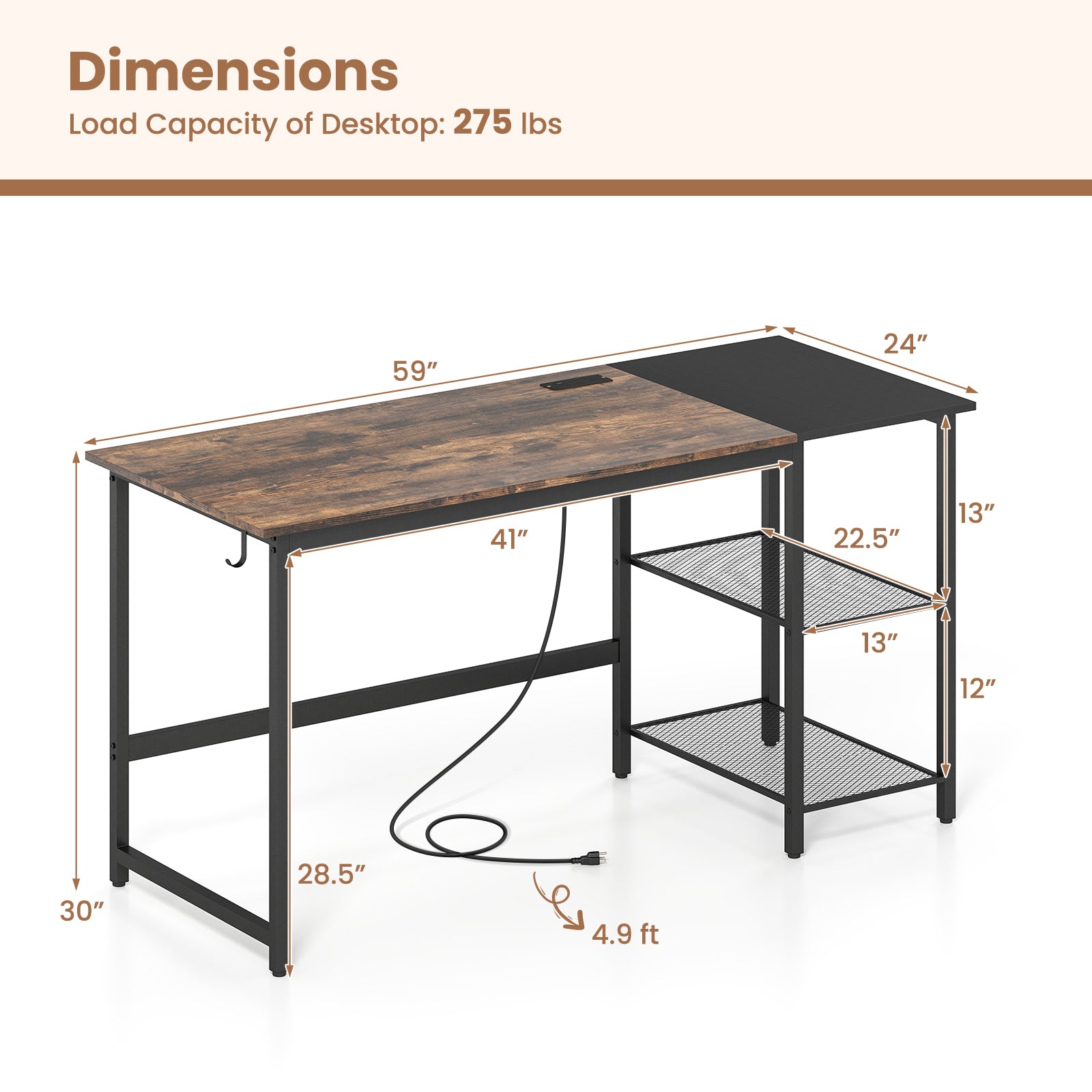 59 Inch Computer Desk With Removable Storage Shelves, Rustic Brown Computer Desks at Gallery Canada