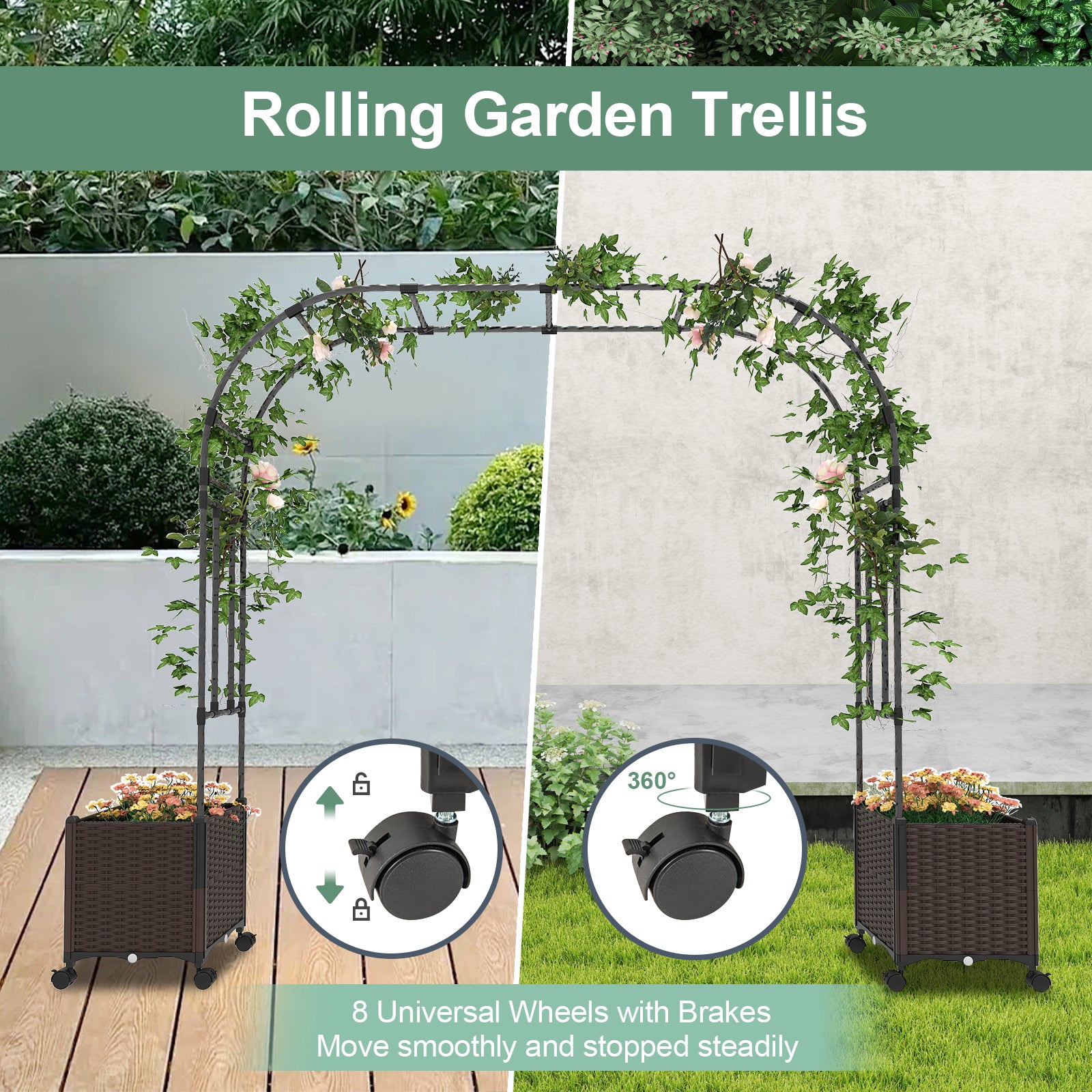 6.6 Feet Garden Arch Trellis, 2 Planter Boxes, Lockable Wheels, Black Outdoor Decor at Gallery Canada