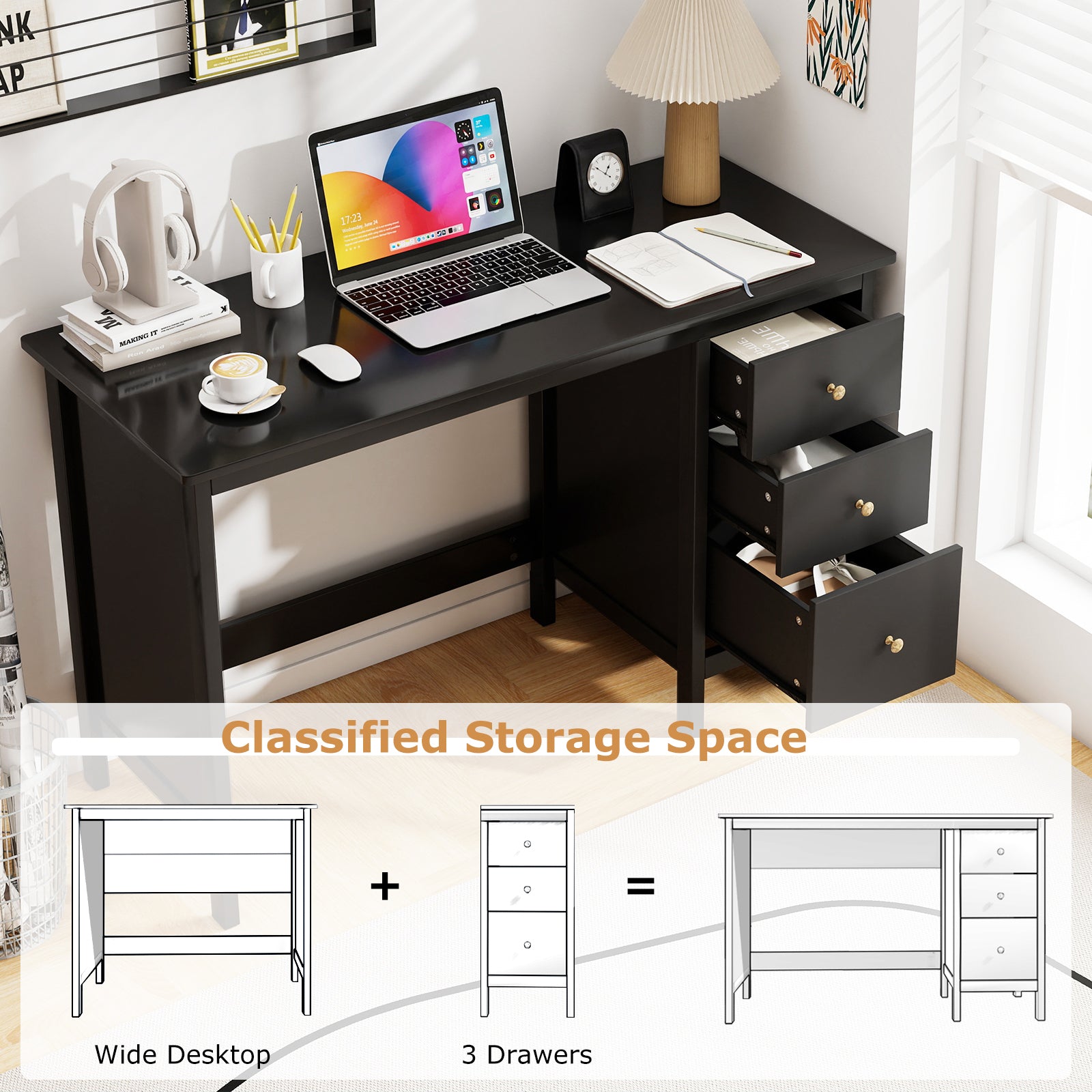 3-Drawer Computer Desk, Spacious Desktop, Black Writing Desks at Gallery Canada