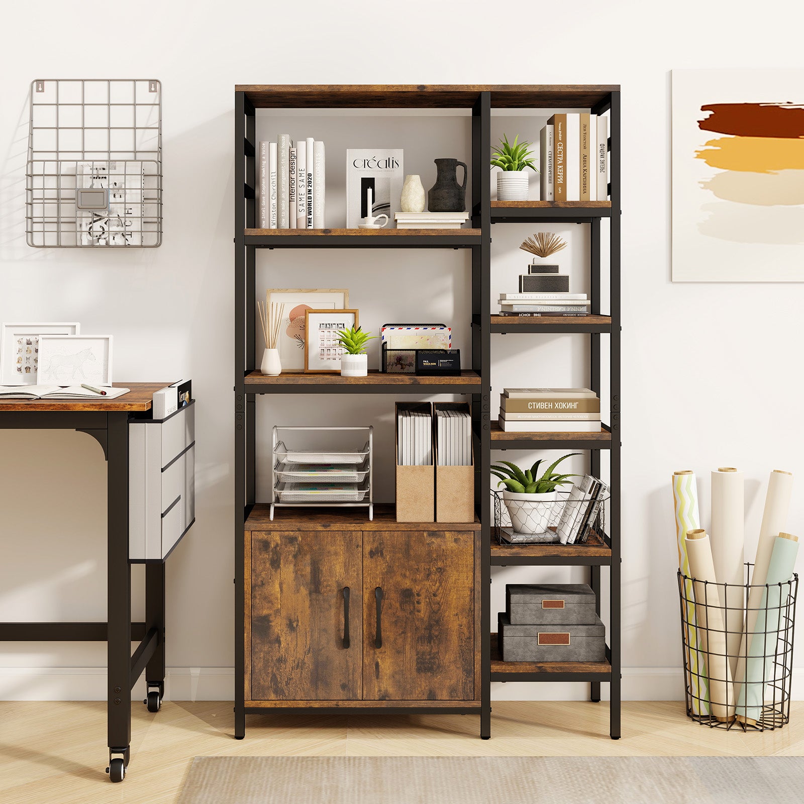 Double Wide 8-Tier Bookshelf With 2-Door Cabinet, Rustic Brown Bookcases at Gallery Canada