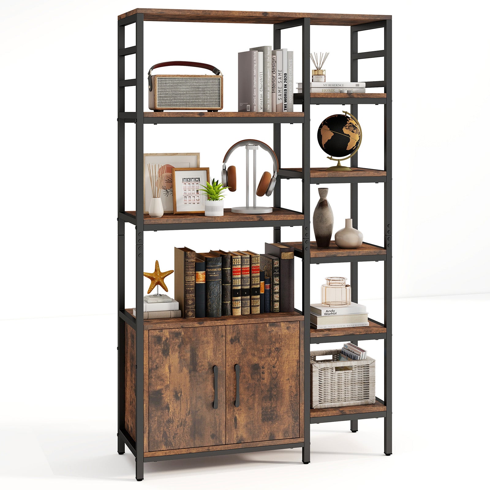Double Wide 8-Tier Bookshelf With 2-Door Cabinet, Rustic Brown Bookcases at Gallery Canada