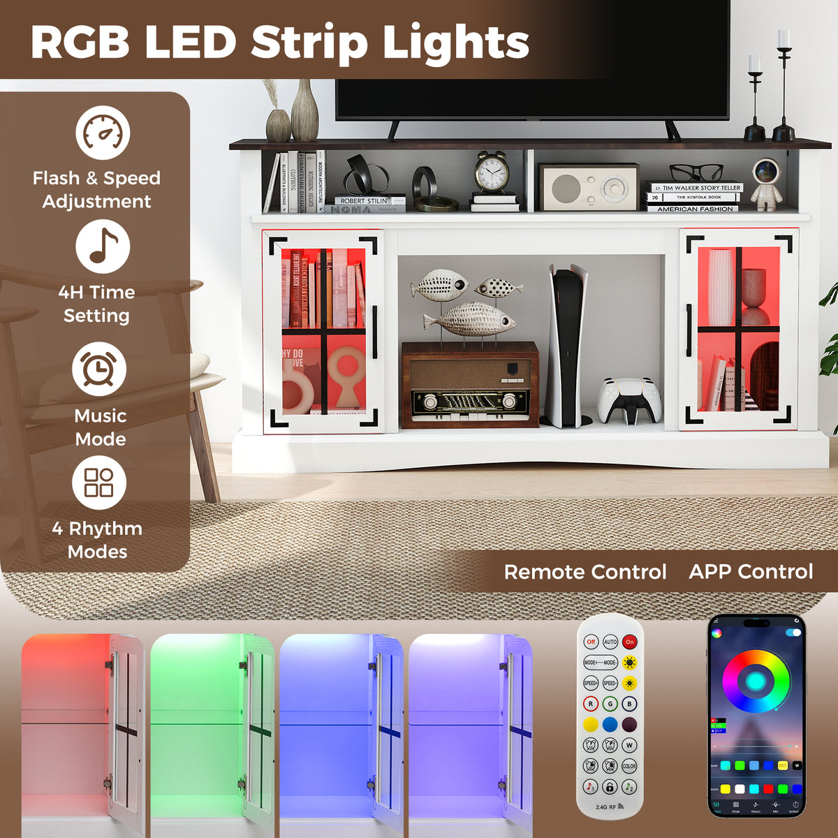 TV Stand With LED Lights, Remote Control, White Entertainment Centers & TV Stands at Gallery Canada