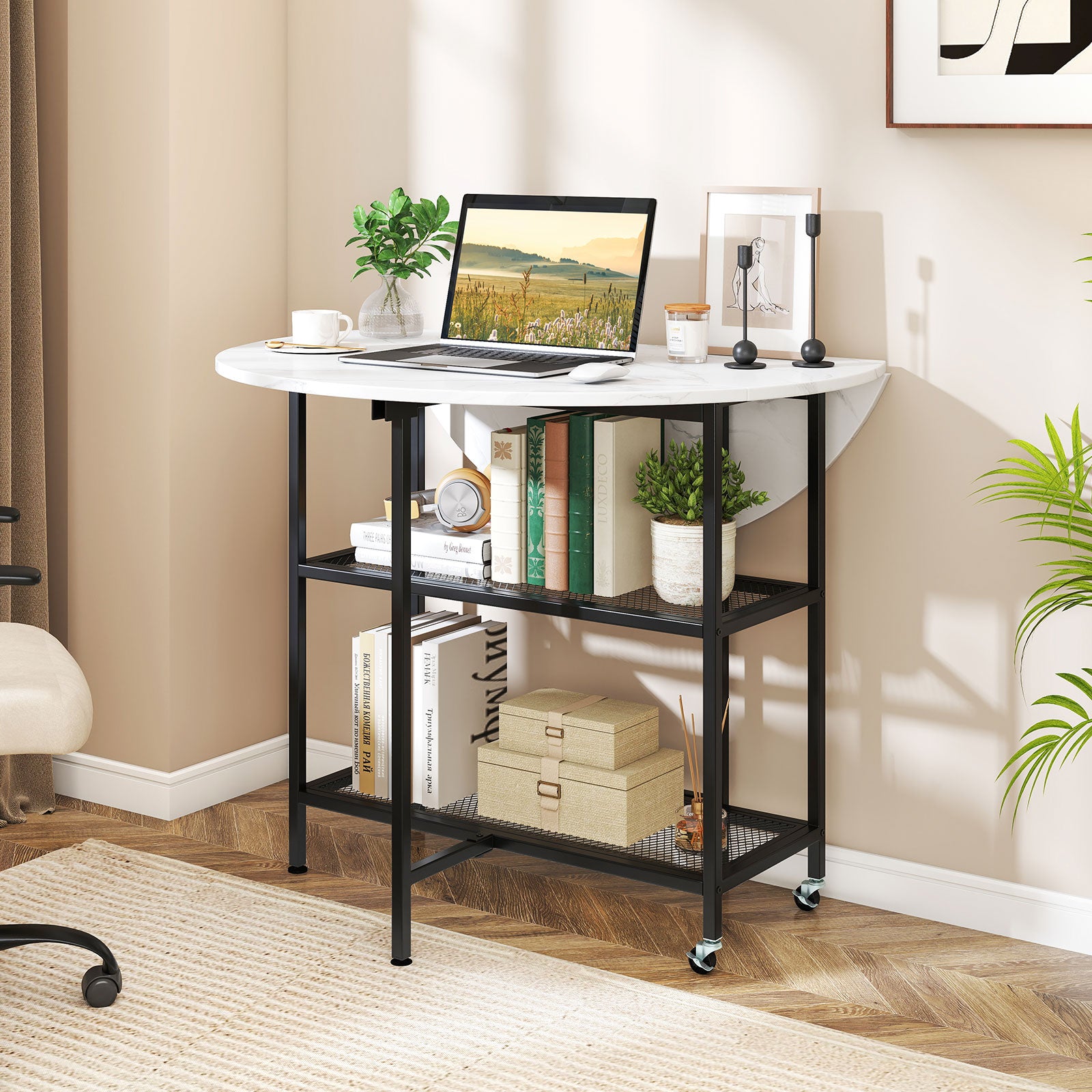 Folding Round Dining Table With Lockable Wheels, White Dining Tables at Gallery Canada