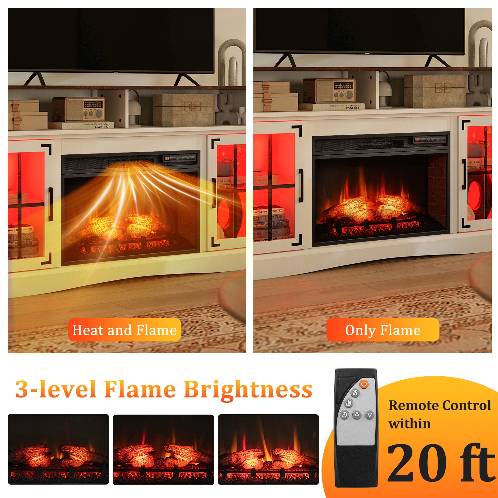 Fireplace TV Stand, 50 Inch, Remote and Thermostat, White Entertainment Centers & TV Stands at Gallery Canada