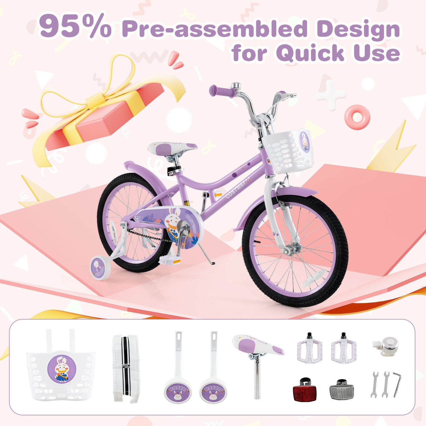 18 Inch Girl Bike With Basket, Detachable Training Wheels, Purple Kids Bike at Gallery Canada