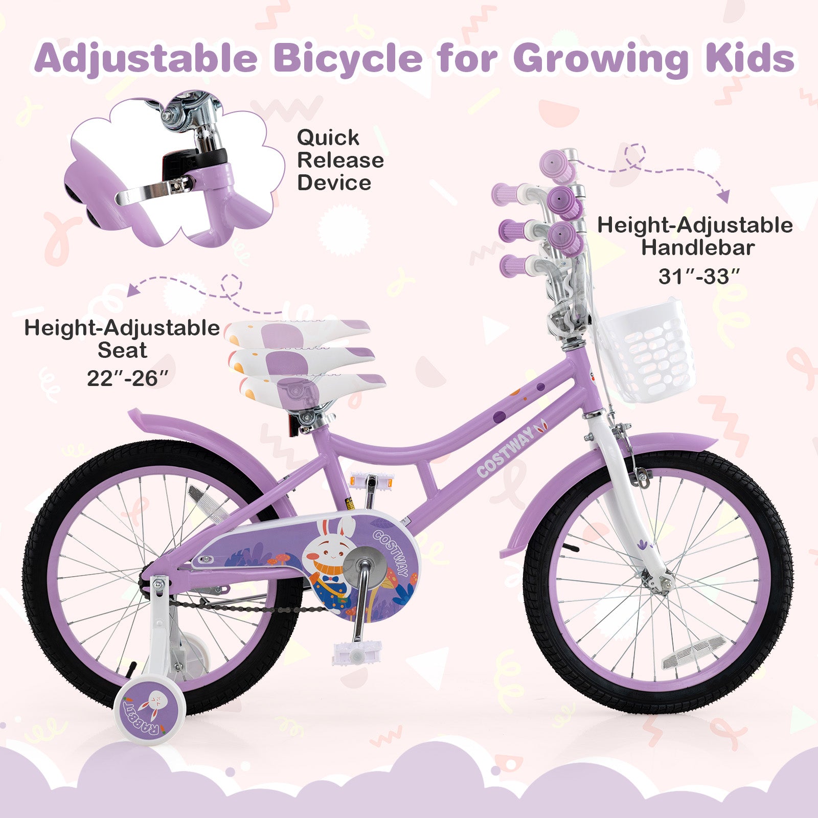 18 Inch Girl Bike With Basket, Detachable Training Wheels, Purple Kids Bike at Gallery Canada