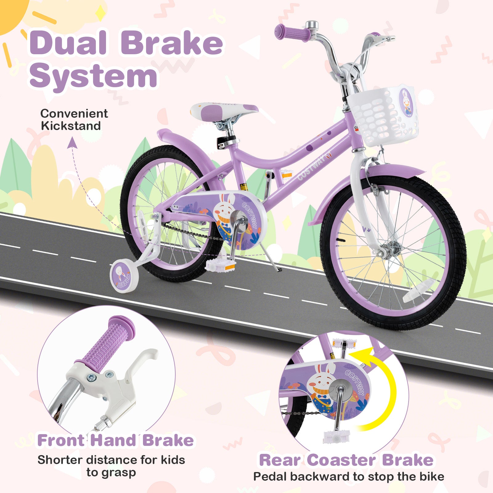 18 Inch Girl Bike With Basket, Detachable Training Wheels, Purple Kids Bike at Gallery Canada