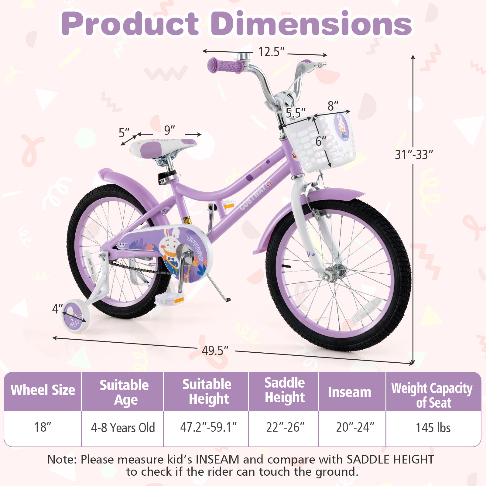18 Inch Girl Bike With Basket, Detachable Training Wheels, Purple Kids Bike at Gallery Canada