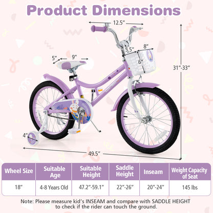 18 Inch Girl Bike With Basket, Detachable Training Wheels, Purple Kids Bike at Gallery Canada
