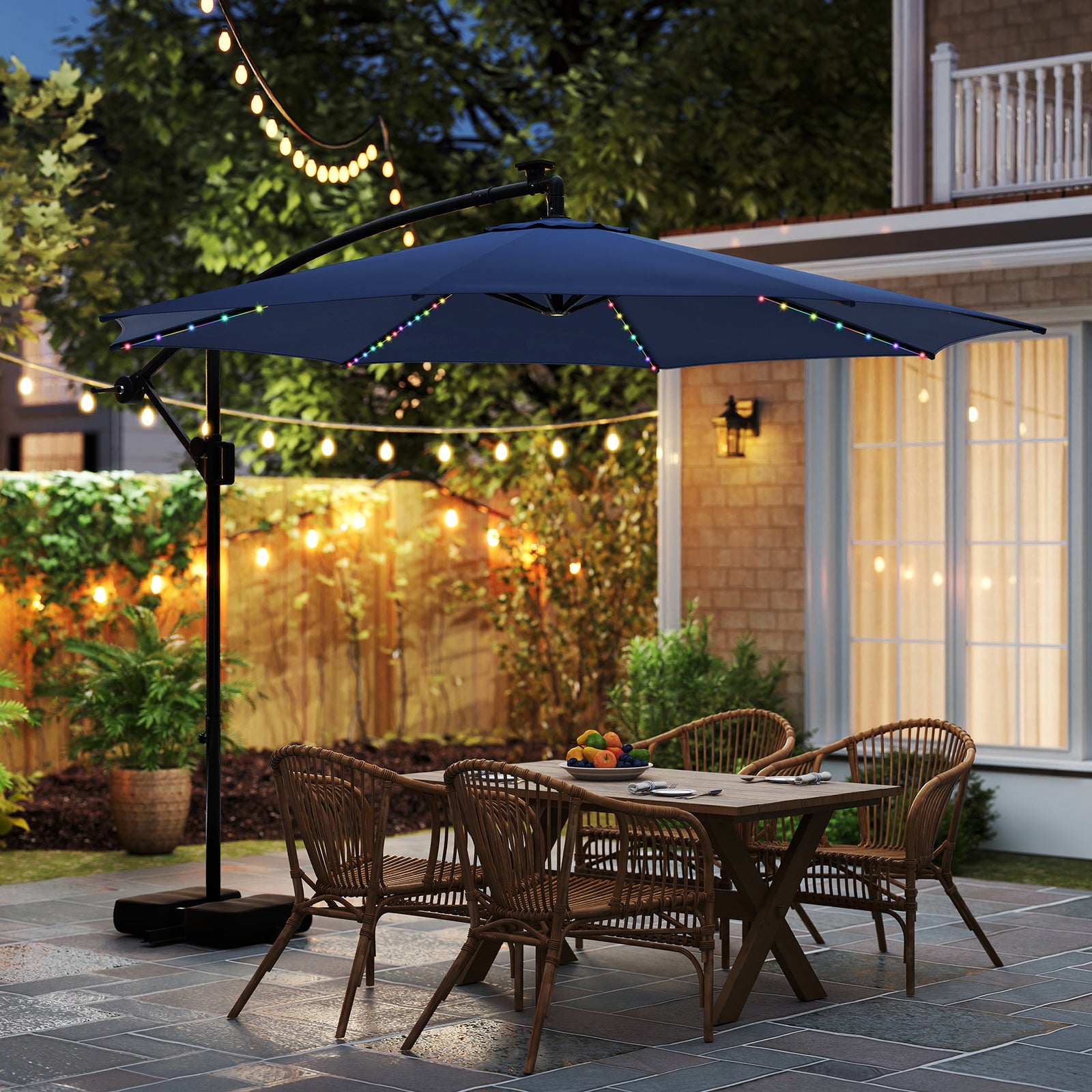 10 Feet Solar Offset Hanging Umbrella With Base, LED Lights, Navy Outdoor Umbrellas at Gallery Canada
