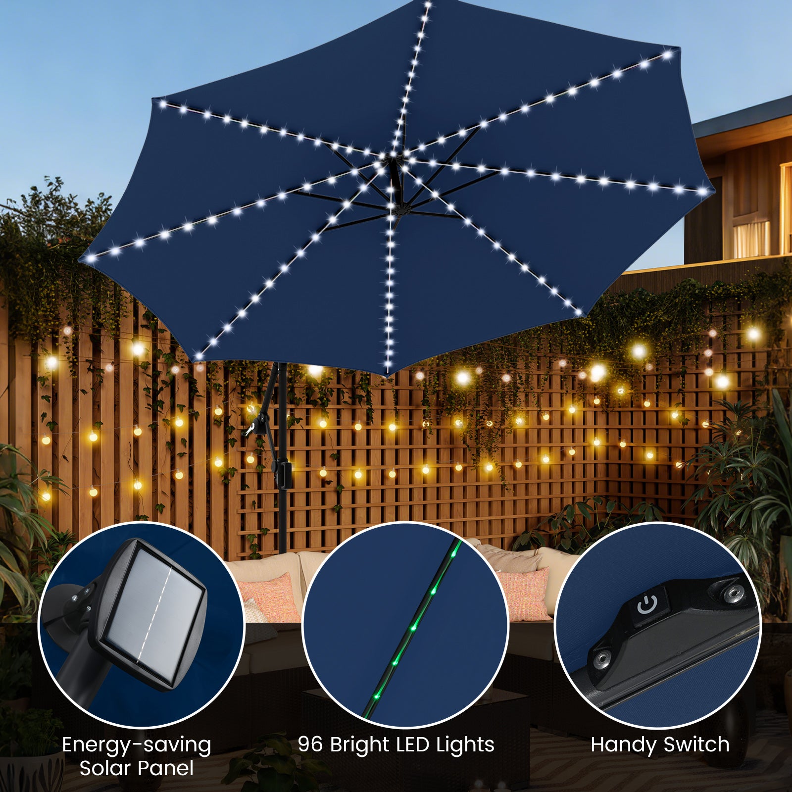 10 Feet Solar Offset Hanging Umbrella With Base, LED Lights, Navy Outdoor Umbrellas at Gallery Canada