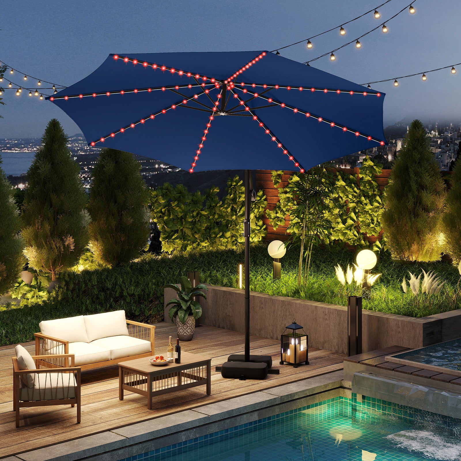 10 Feet Solar Offset Hanging Umbrella With Base, LED Lights, Navy Outdoor Umbrellas at Gallery Canada