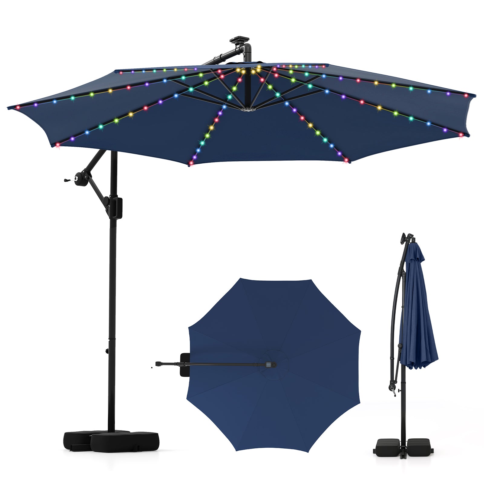 10 Feet Solar Offset Hanging Umbrella With Base, LED Lights, Navy Outdoor Umbrellas Navy at Gallery Canada