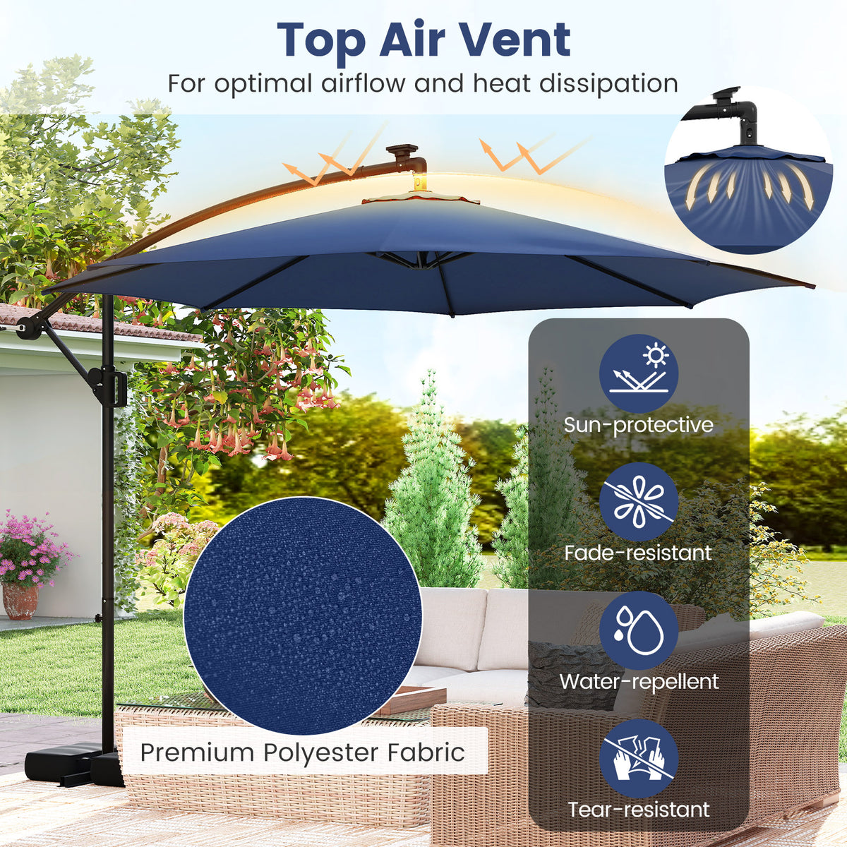 10 Feet Solar Offset Hanging Umbrella With Base, LED Lights, Navy Outdoor Umbrellas at Gallery Canada