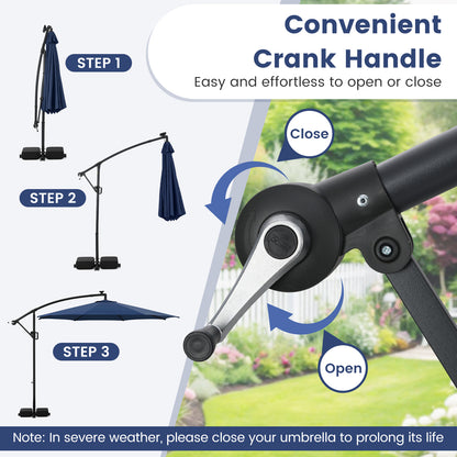 10 Feet Solar Offset Hanging Umbrella With Base, LED Lights, Navy Outdoor Umbrellas at Gallery Canada