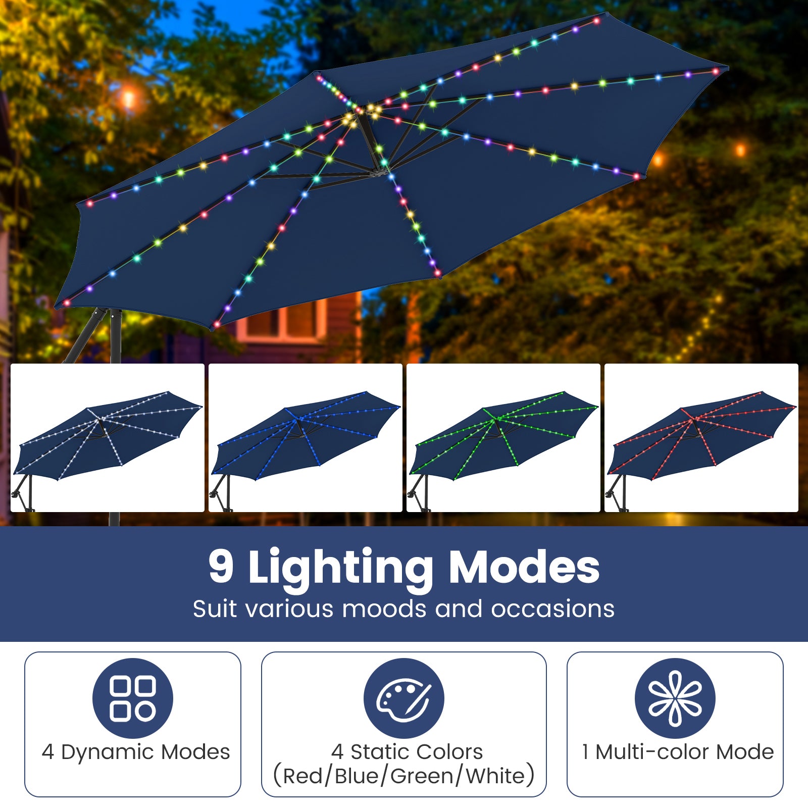 10 Feet Solar Offset Hanging Umbrella With Base, LED Lights, Navy Outdoor Umbrellas at Gallery Canada